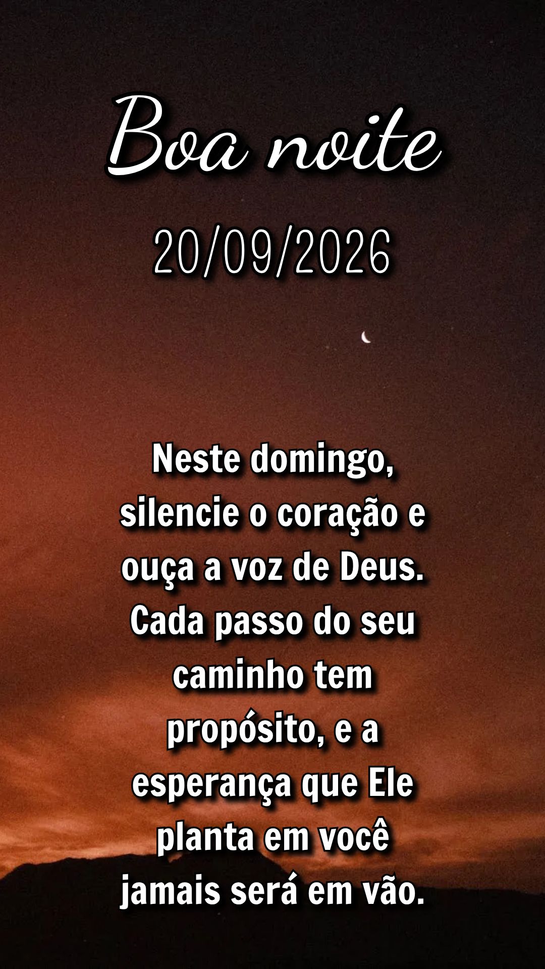 Neste domingo, silencie o coração e ouça a voz de Deus. Cada passo do seu caminho tem propósito, e a esperança que Ele planta em você jamais será ...