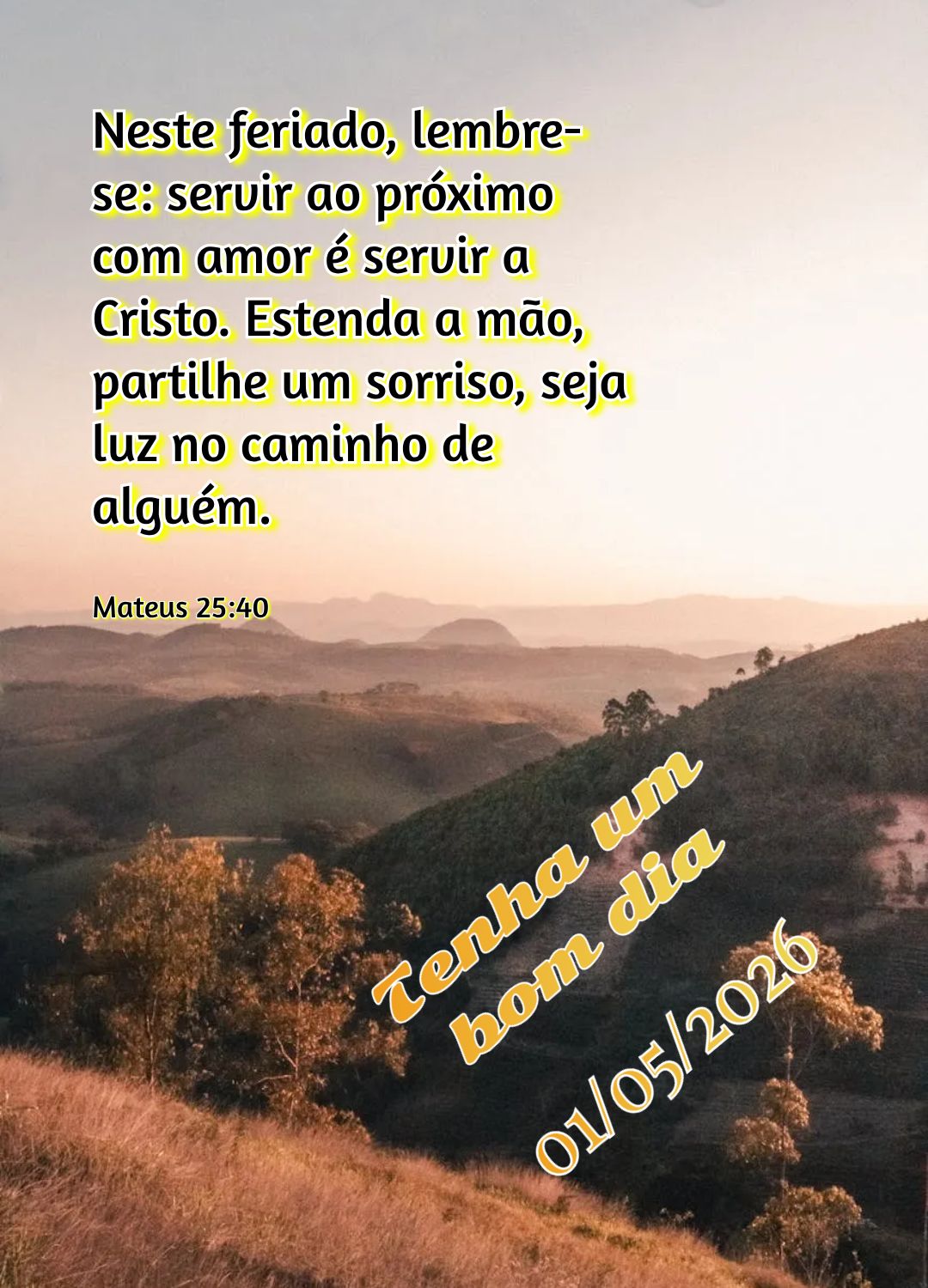 Neste feriado, lembre-se: servir ao próximo com amor é servir a Cristo. Estenda a mão, partilhe um sorriso, seja luz no caminho de alguém. Tenha um b...