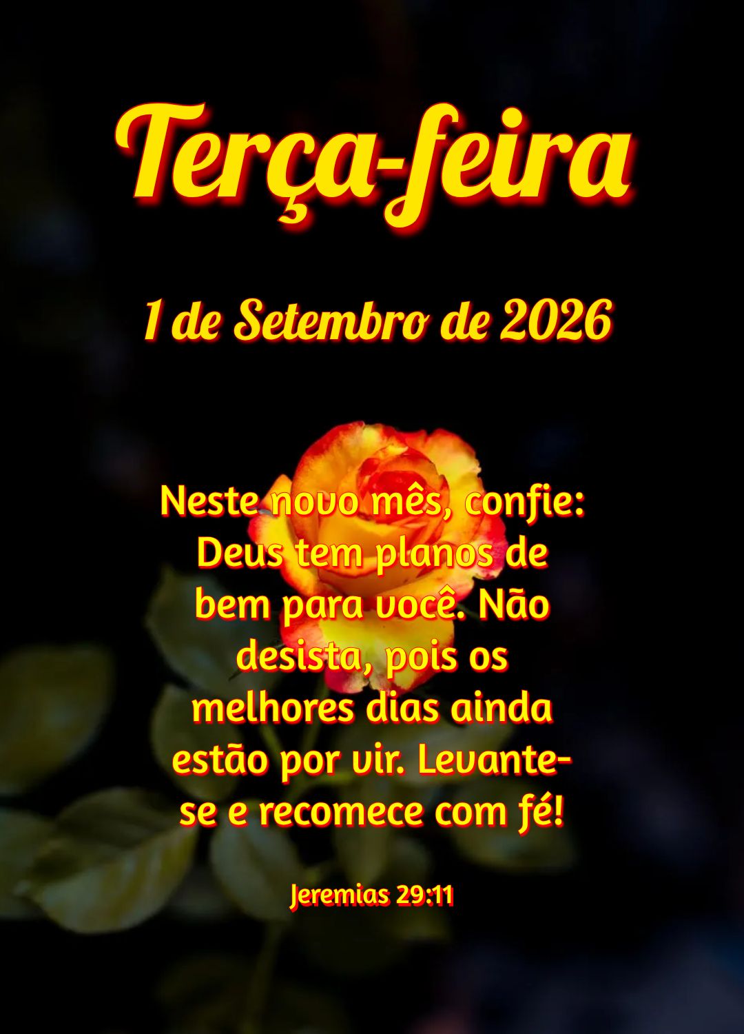 Neste novo mês, confie: Deus tem planos de bem para você. Não desista, pois os melhores dias ainda estão por vir. Levante-se e recomece com fé! Jere...