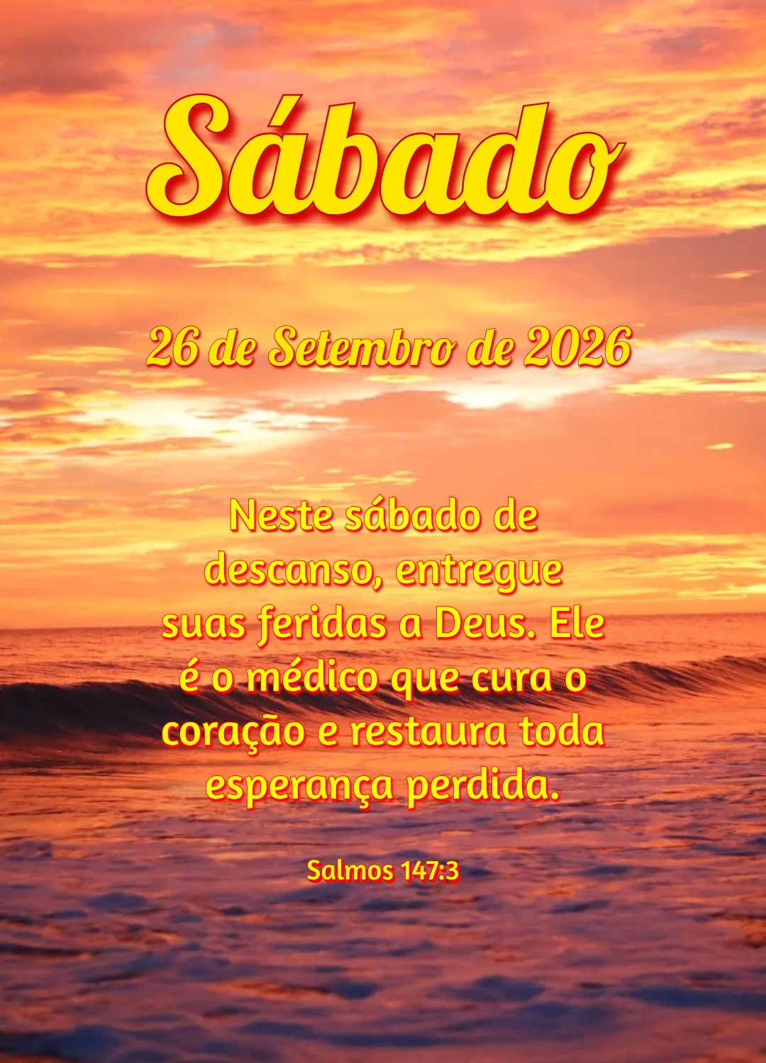 Neste sábado de descanso, entregue suas feridas a Deus. Ele é o médico que cura o coração e restaura toda esperança perdida. Salmos 147:3