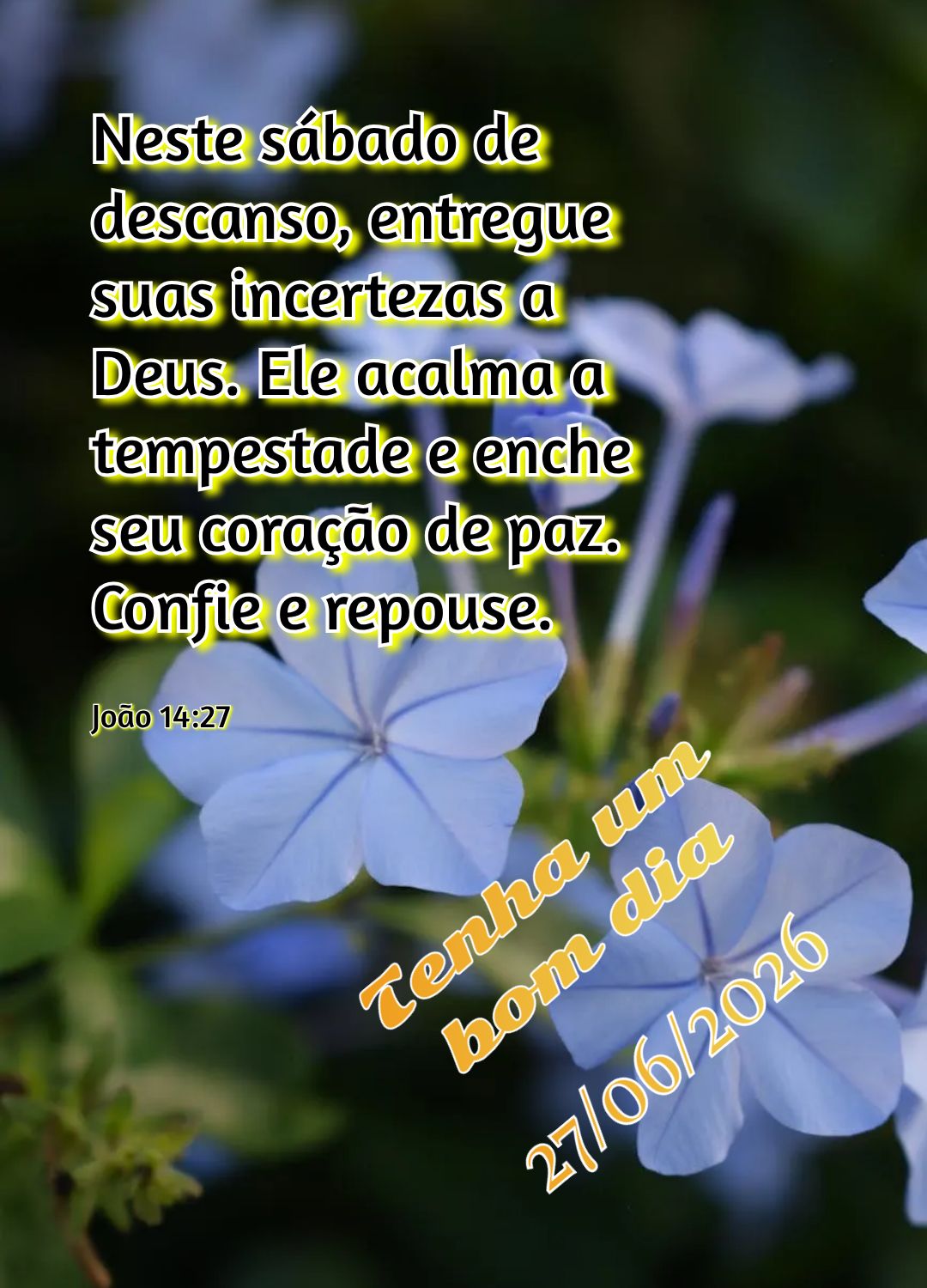Neste sábado de descanso, entregue suas incertezas a Deus. Ele acalma a tempestade e enche seu coração de paz. Confie e repouse. Tenha um bom dia Joã...