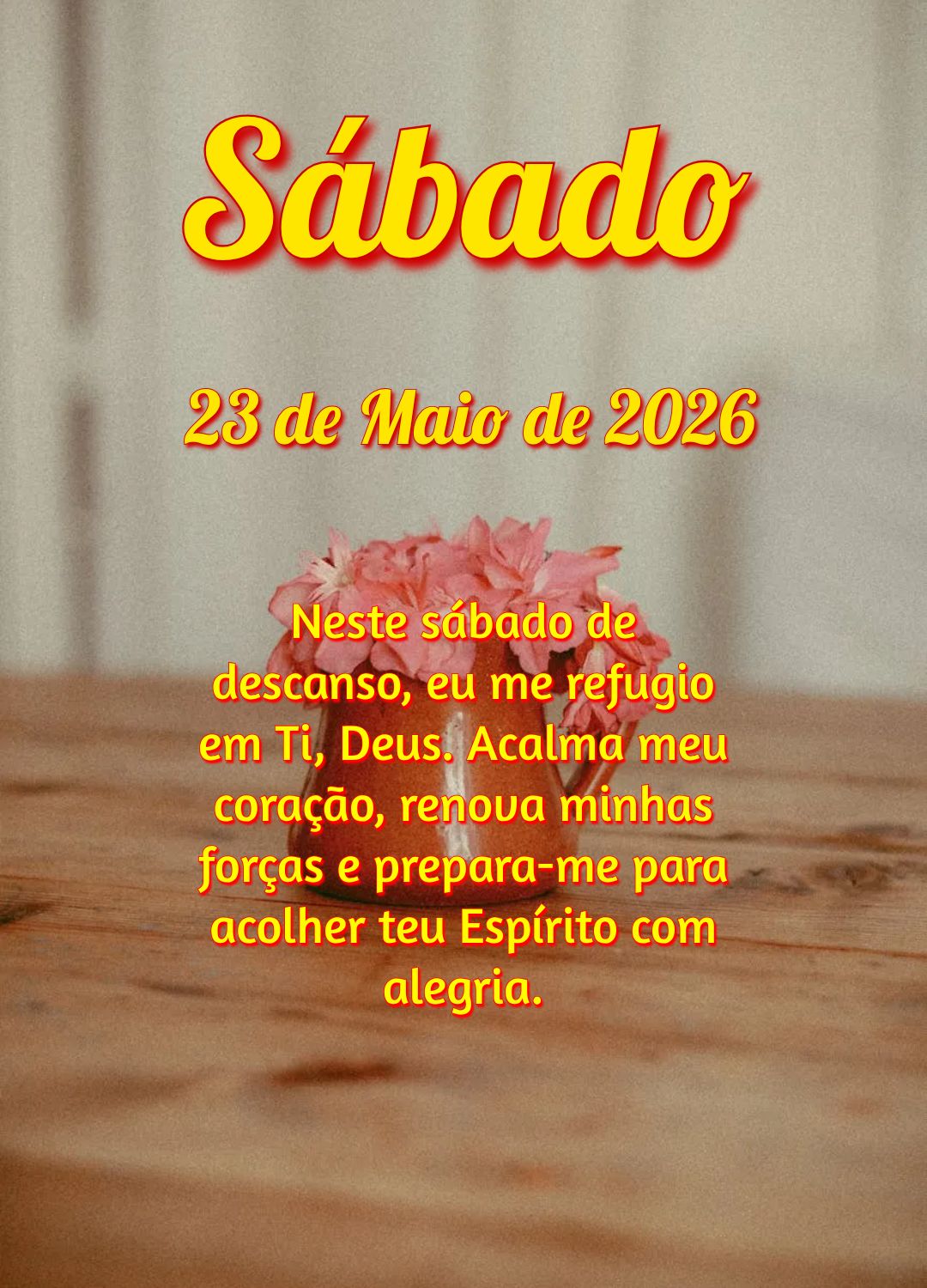 Neste sábado de descanso, eu me refugio em Ti, Deus. Acalma meu coração, renova minhas forças e prepara-me para acolher teu Espírito com alegria.