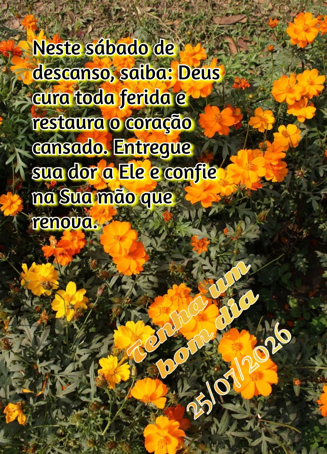 Neste sábado de descanso, saiba: Deus cura toda ferida e restaura o coração cansado. Entregue sua dor a Ele e confie na Sua mão que renova. Tenha um ...