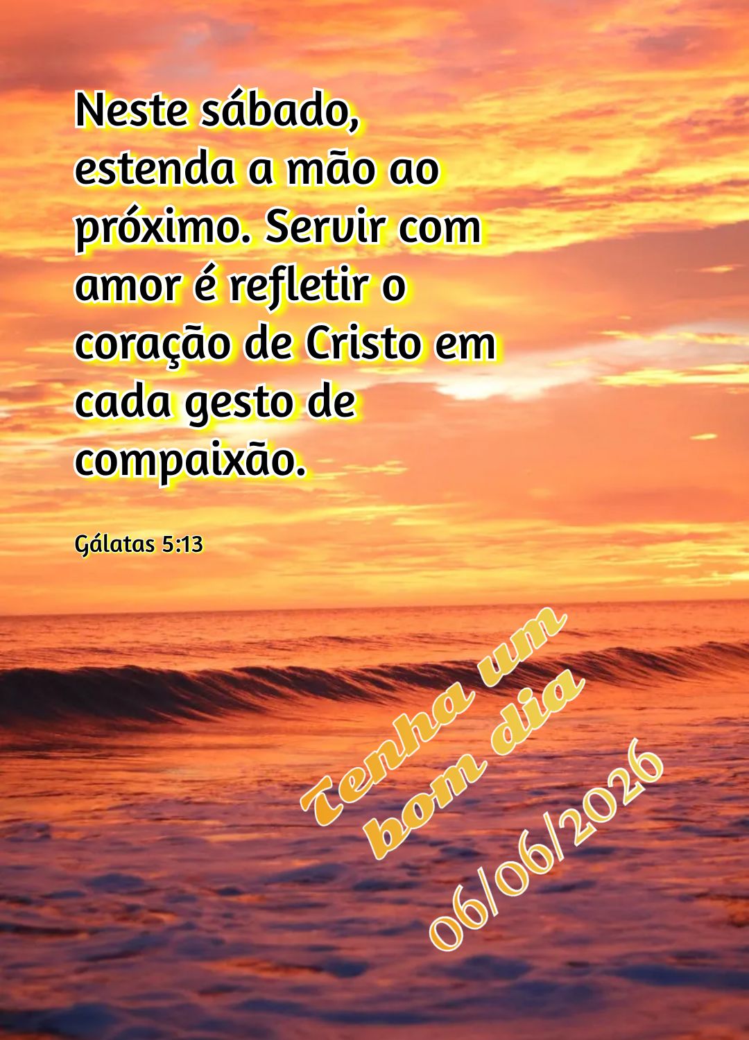 Neste sábado, estenda a mão ao próximo. Servir com amor é refletir o coração de Cristo em cada gesto de compaixão. Tenha um bom dia Gálatas 5:13...