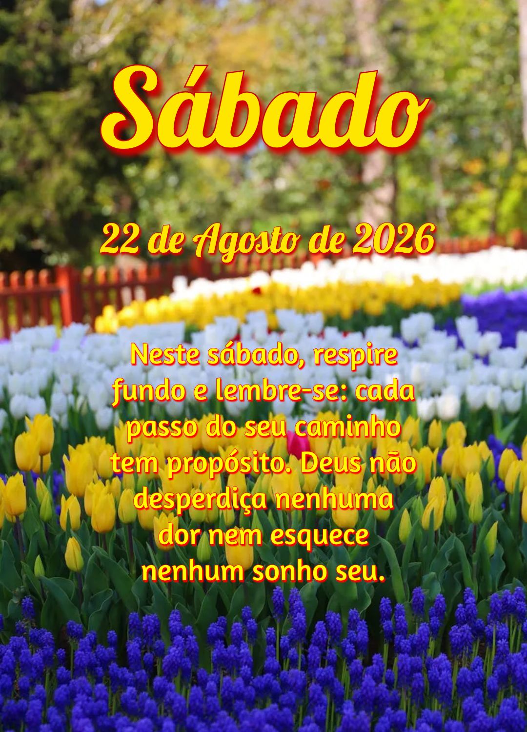 Neste sábado, respire fundo e lembre-se: cada passo do seu caminho tem propósito. Deus não desperdiça nenhuma dor nem esquece nenhum sonho seu.