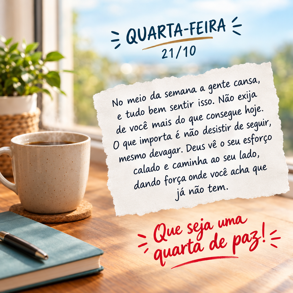 No meio da semana a gente cansa, e tudo bem sentir isso. Não exija de você mais do que consegue hoje. O que importa é não desistir de seguir, mesmo d...
