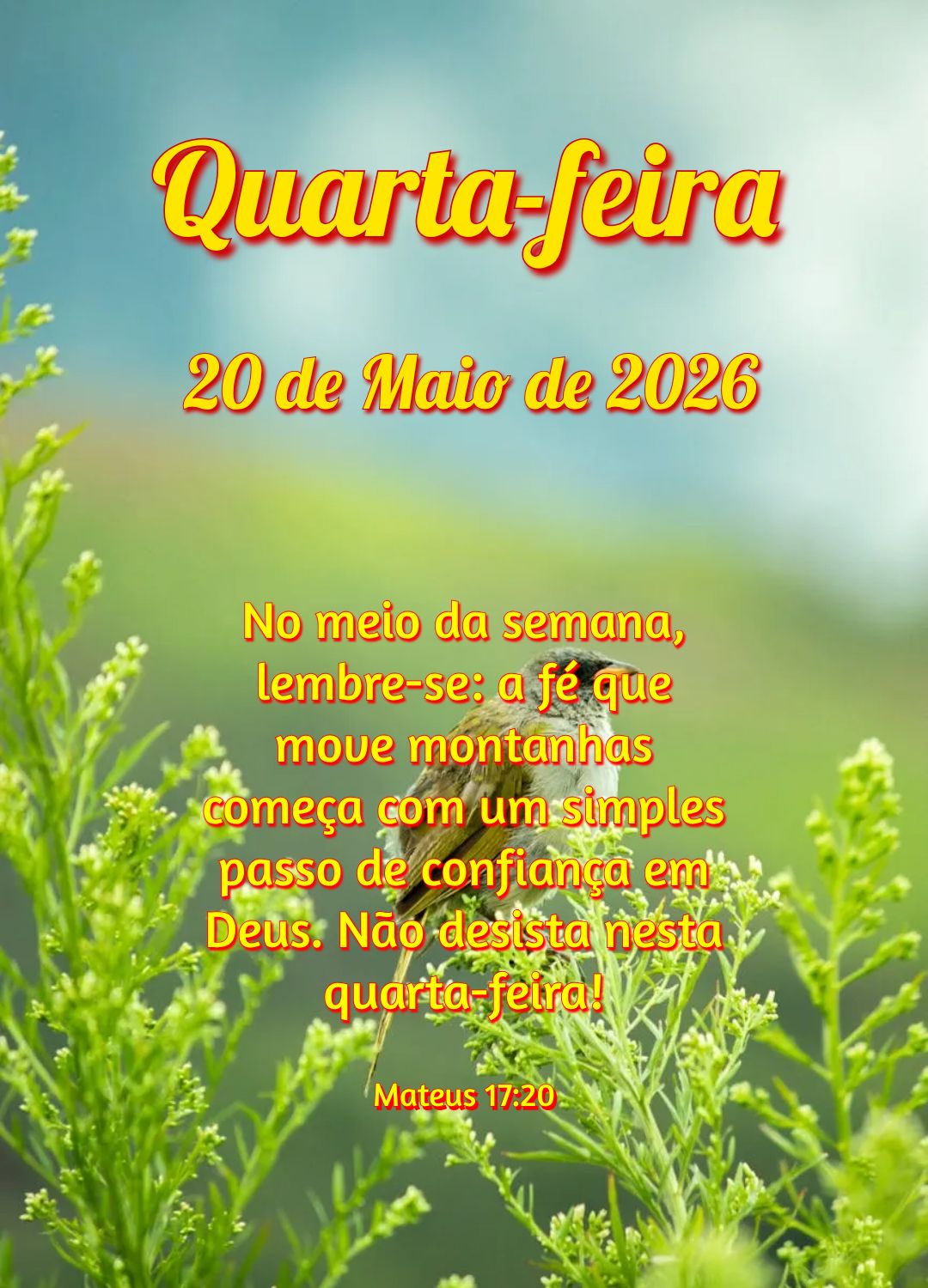 No meio da semana, lembre-se: a fé que move montanhas começa com um simples passo de confiança em Deus. Não desista nesta quarta-feira! Mateus 17:20...
