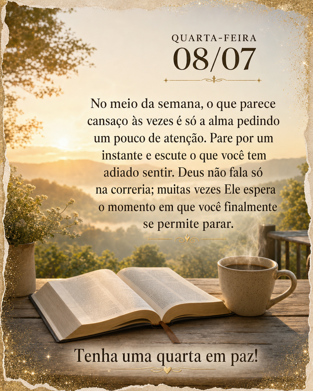 No meio da semana, o que parece cansaço às vezes é só a alma pedindo um pouco de atenção. Pare por um instante e escute o que você tem adiado sent...