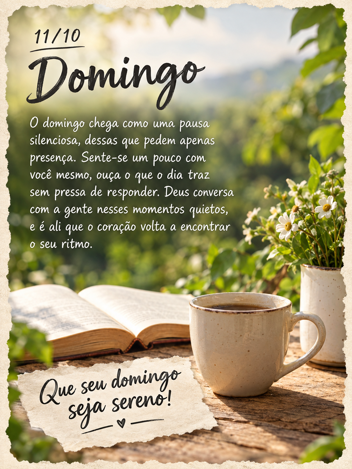 O domingo chega como uma pausa silenciosa, dessas que pedem apenas presença. Sente-se um pouco com você mesmo, ouça o que o dia traz sem pressa de res...