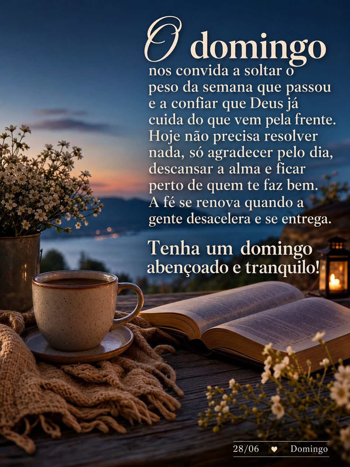 O domingo nos convida a soltar o peso da semana que passou e a confiar que Deus já cuida do que vem pela frente. Hoje não precisa resolver nada, só ag...