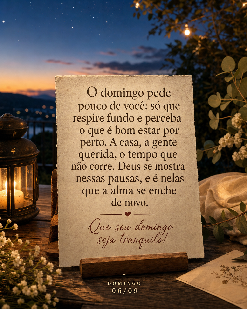 O domingo pede pouco de você: só que respire fundo e perceba o que é bom estar por perto. A casa, a gente querida, o tempo que não corre. Deus se mos...