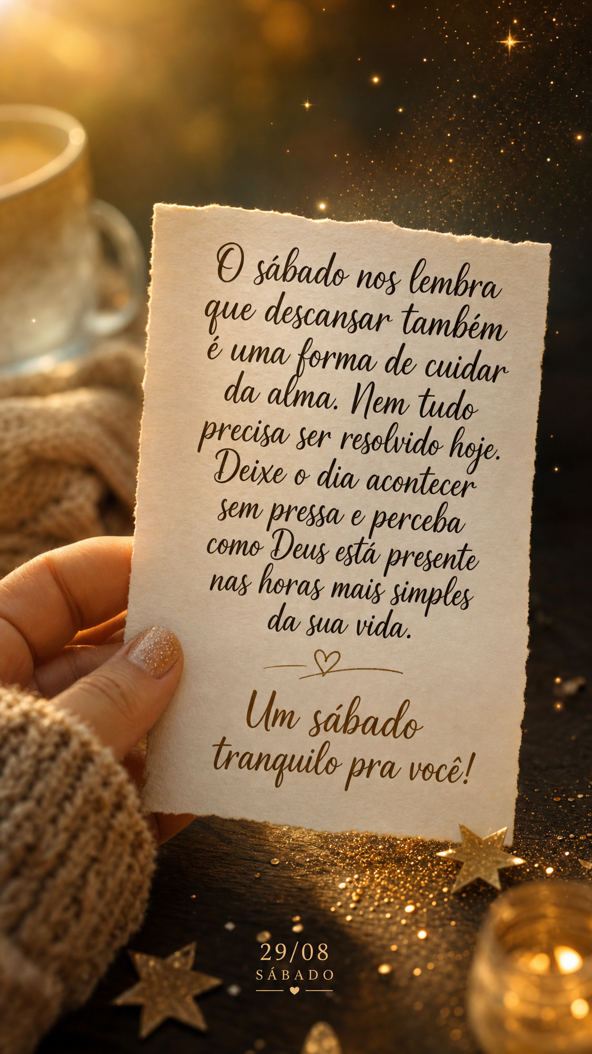O sábado nos lembra que descansar também é uma forma de cuidar da alma. Nem tudo precisa ser resolvido hoje. Deixe o dia acontecer sem pressa e perceb...