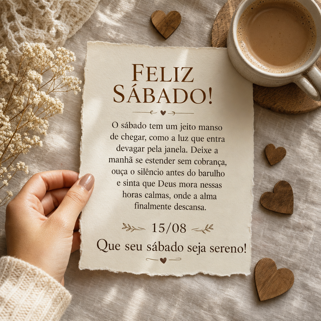 O sábado tem um jeito manso de chegar, como a luz que entra devagar pela janela. Deixe a manhã se estender sem cobrança, ouça o silêncio antes do ba...