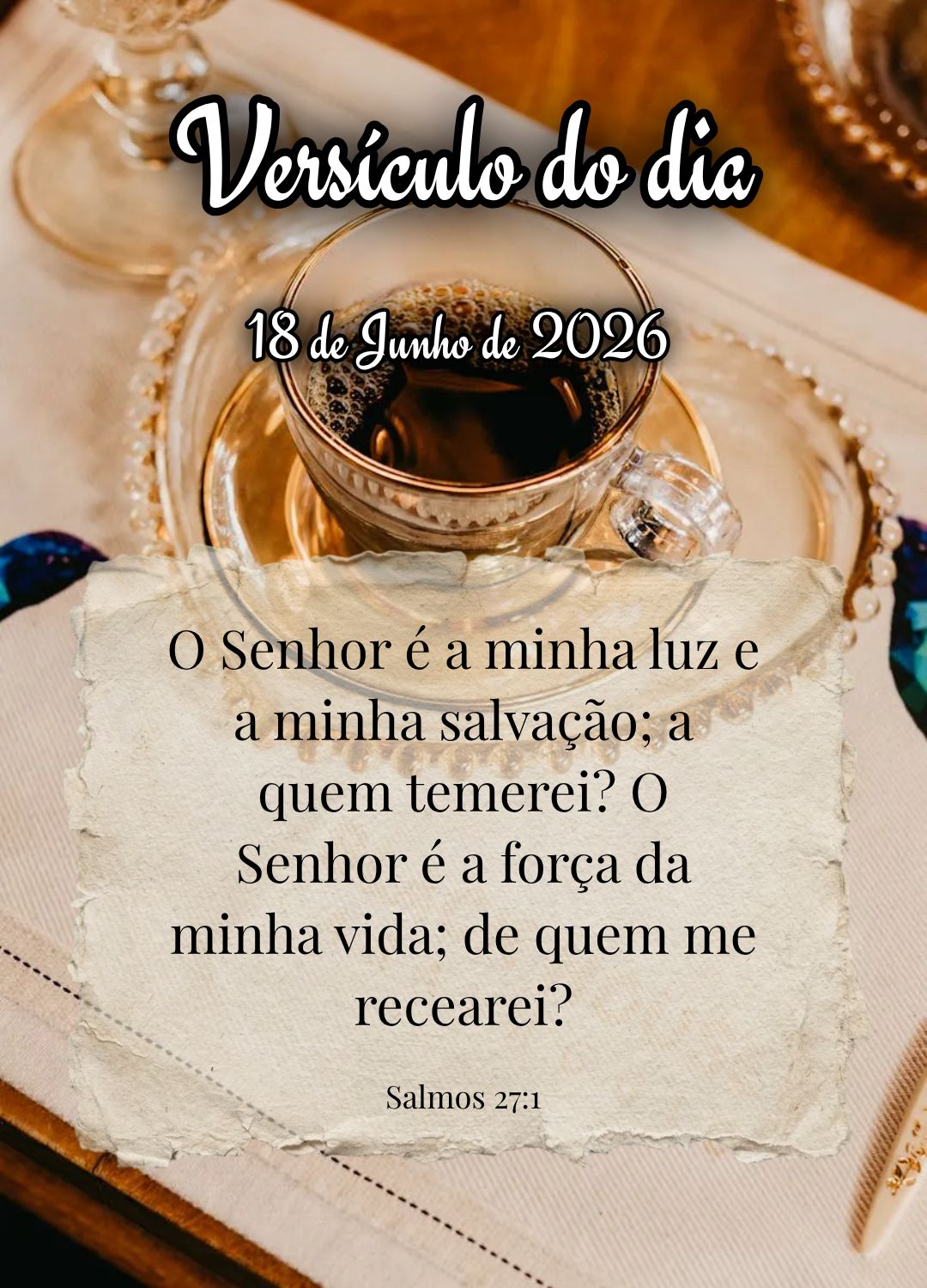 O Senhor é a minha luz e a minha salvação; a quem temerei? O Senhor é a força da minha vida; de quem me recearei? Versículo do dia Salmos 27:1