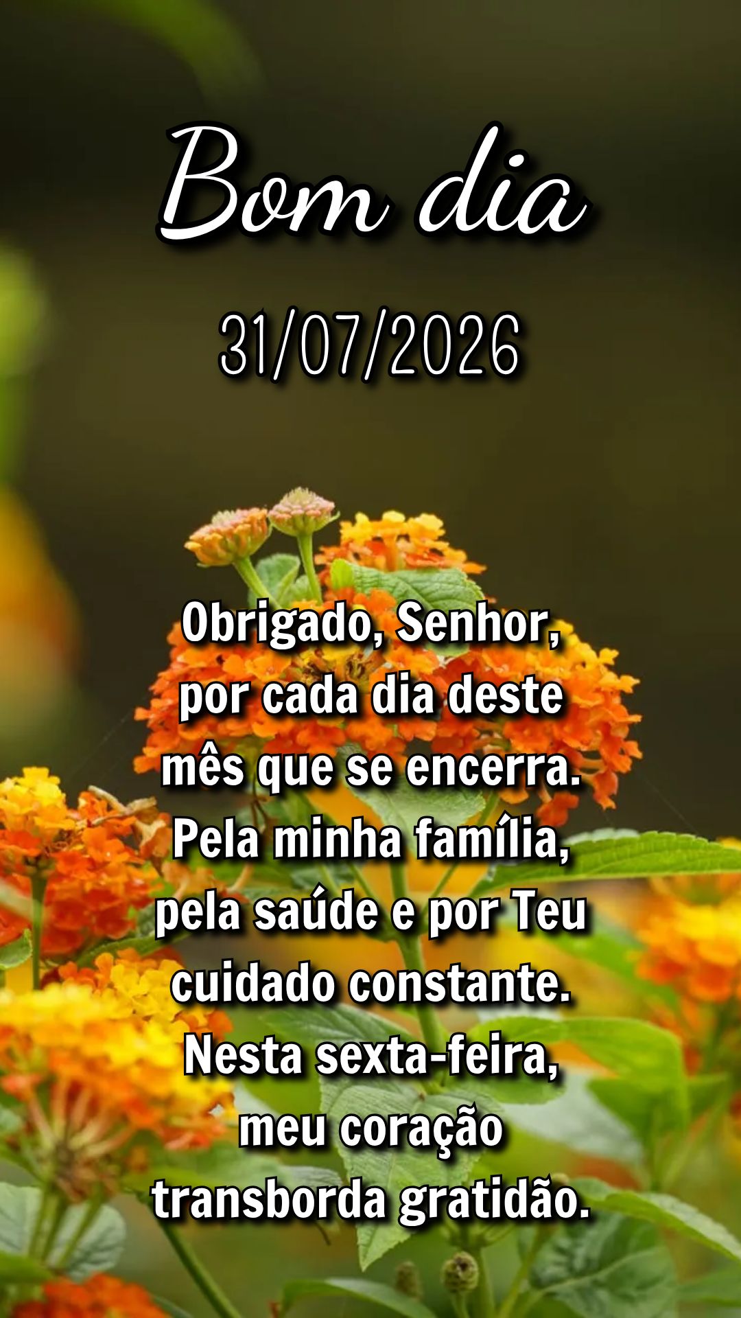 Obrigado, Senhor, por cada dia deste mês que se encerra. Pela minha família, pela saúde e por Teu cuidado constante. Nesta sexta-feira, meu coração ...