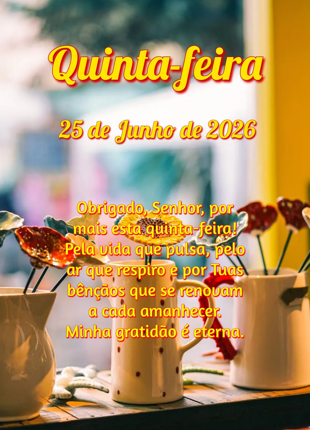Obrigado, Senhor, por mais esta quinta-feira! Pela vida que pulsa, pelo ar que respiro e por Tuas bênçãos que se renovam a cada amanhecer. Minha grati...