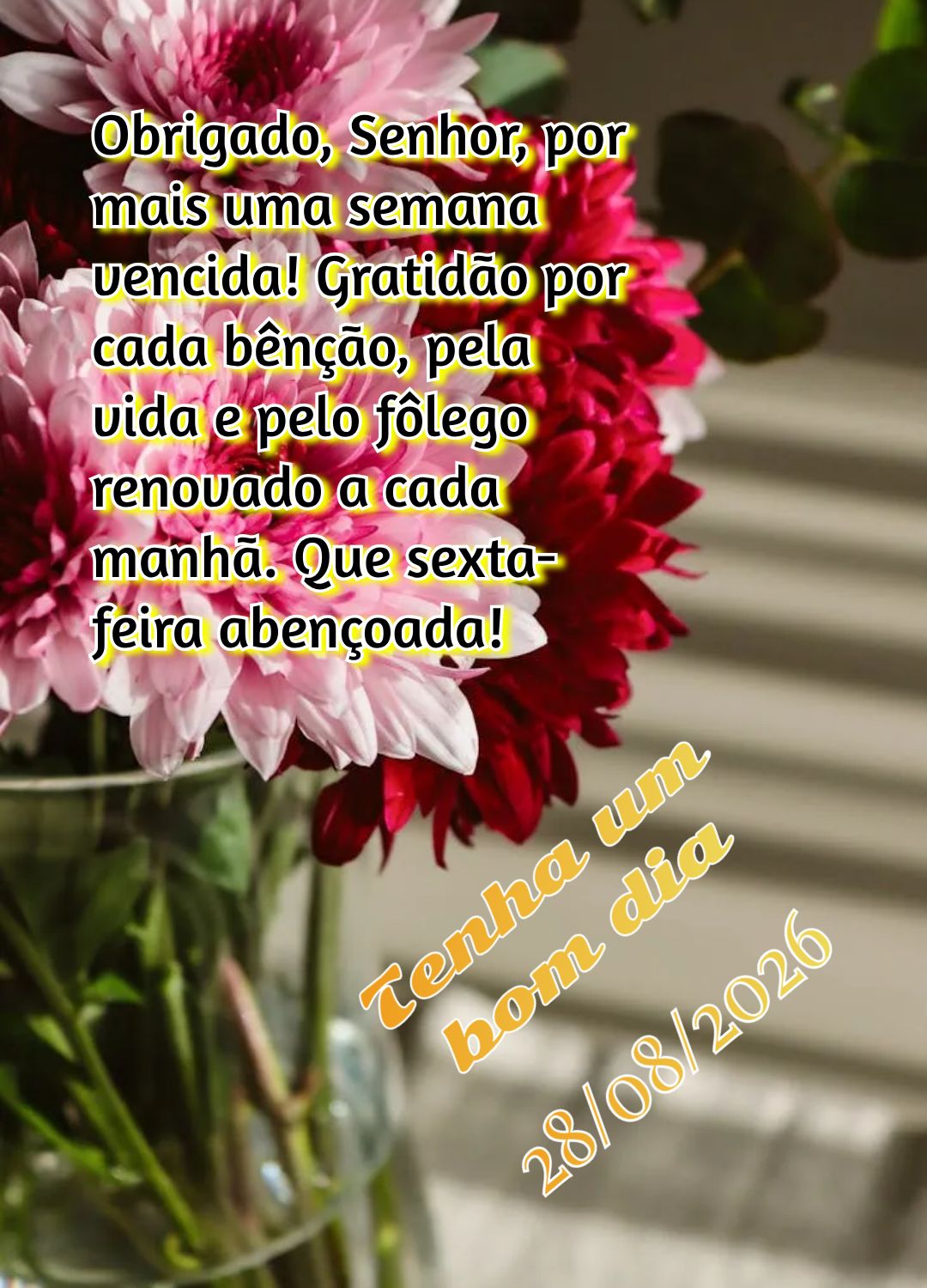 Obrigado, Senhor, por mais uma semana vencida! Gratidão por cada bênção, pela vida e pelo fôlego renovado a cada manhã. Que sexta-feira abençoada!...