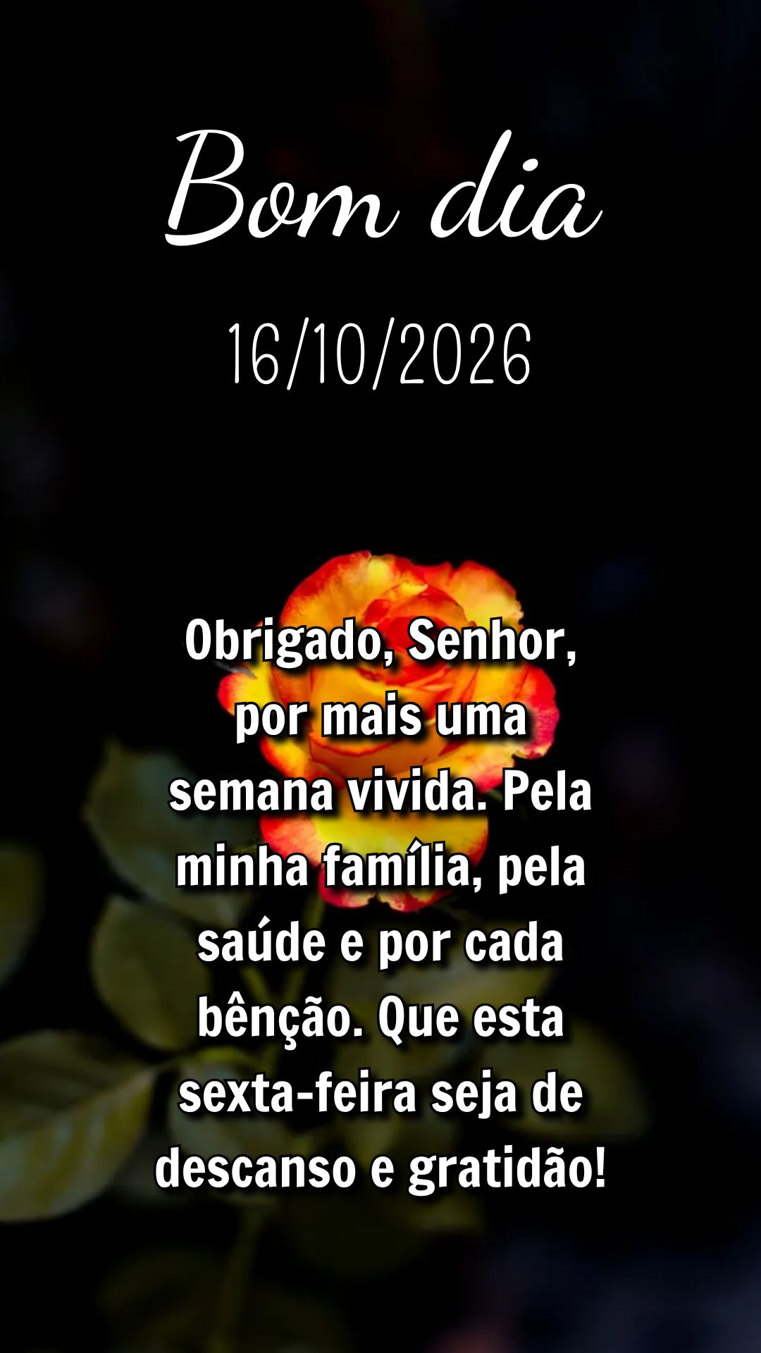 Obrigado, Senhor, por mais uma semana vivida. Pela minha família, pela saúde e por cada bênção. Que esta sexta-feira seja de descanso e gratidão!...