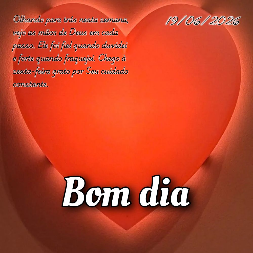 Olhando para trás nesta semana, vejo as mãos de Deus em cada passo. Ele foi fiel quando duvidei e forte quando fraquejei. Chego à sexta-feira grato po...