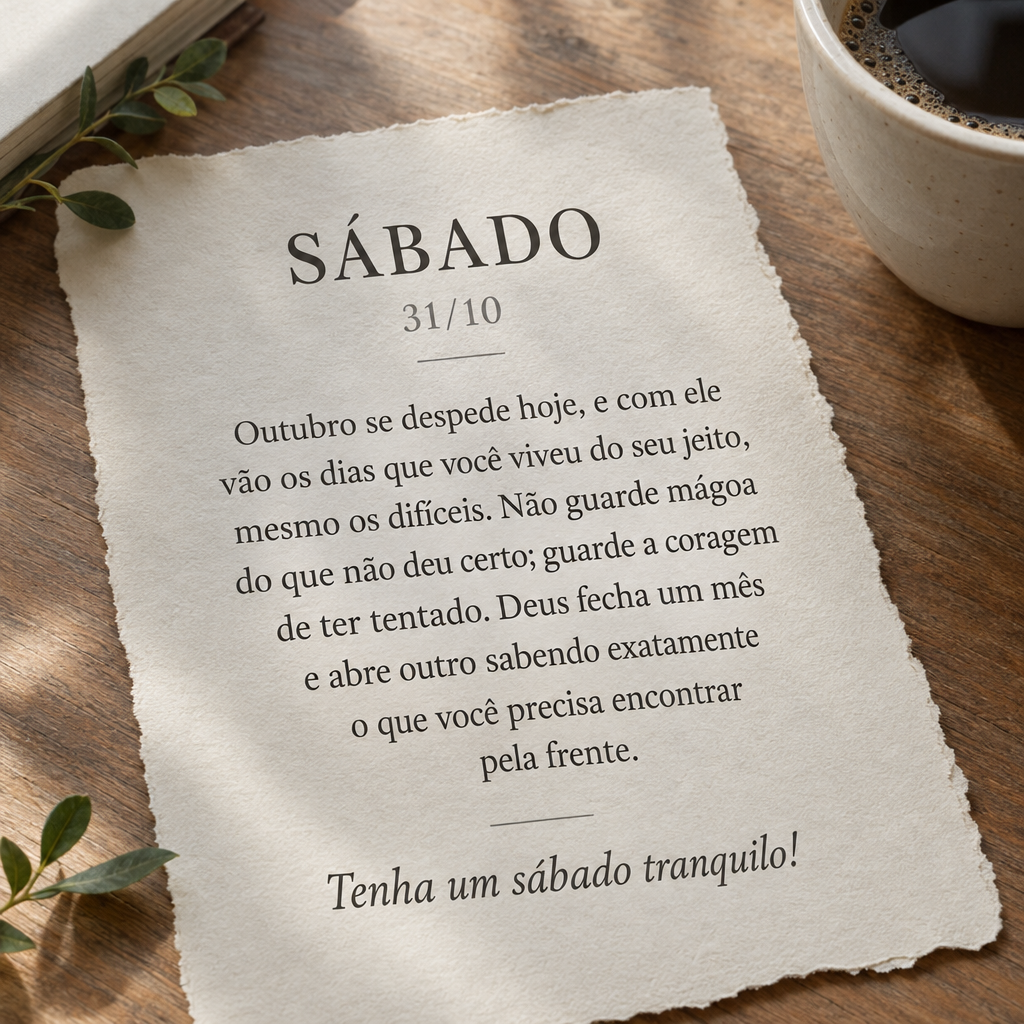 Outubro se despede hoje, e com ele vão os dias que você viveu do seu jeito, mesmo os difíceis. Não guarde mágoa do que não deu certo; guarde a cora...