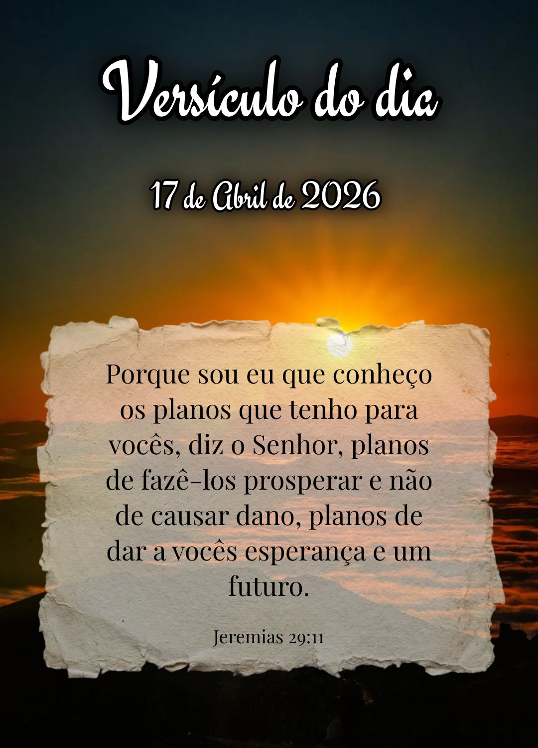 Porque sou eu que conheço os planos que tenho para vocês, diz o Senhor, planos de fazê-los prosperar e não de causar dano, planos de dar a vocês esp...