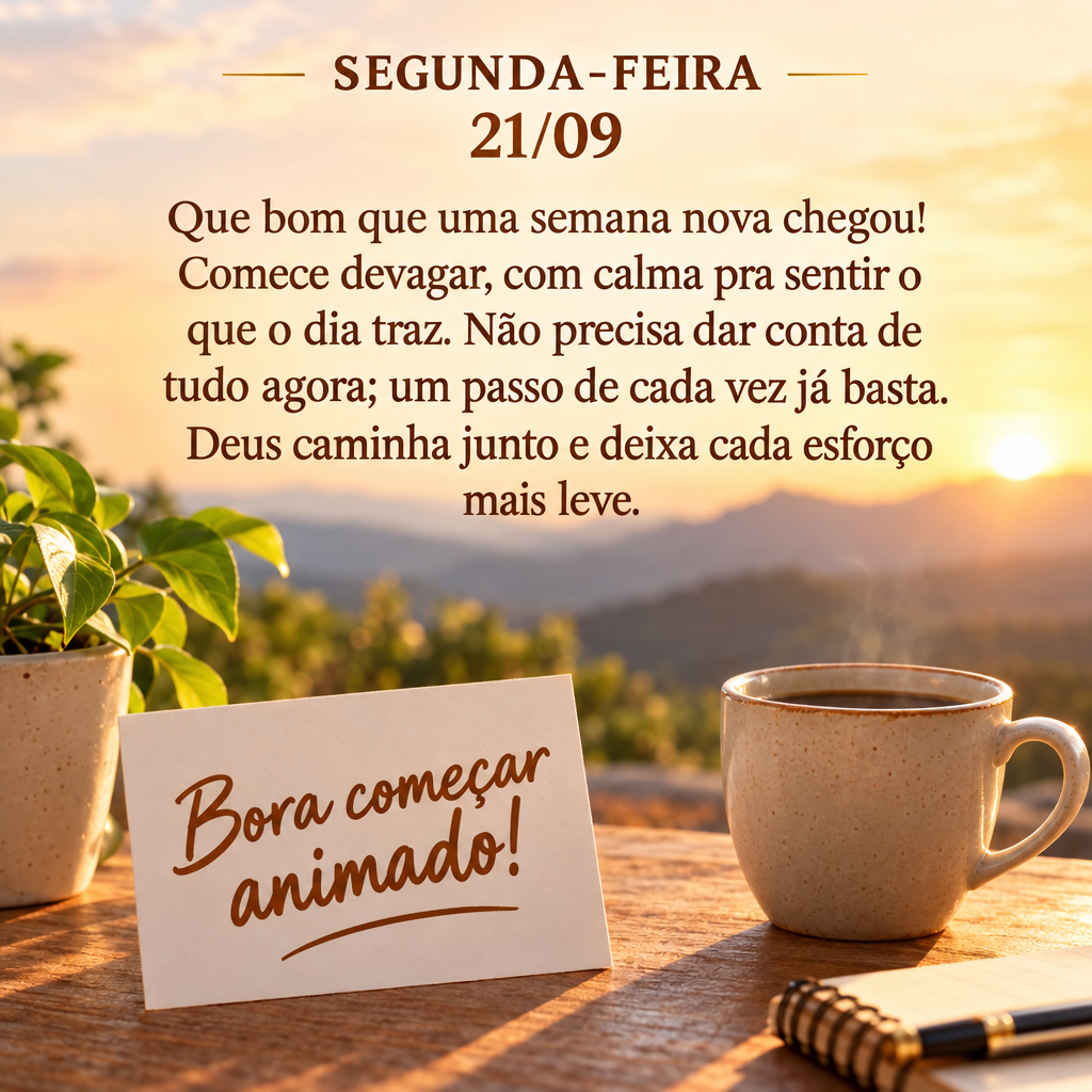 Que bom que uma semana nova chegou! Comece devagar, com calma pra sentir o que o dia traz. Não precisa dar conta de tudo agora; um passo de cada vez já...