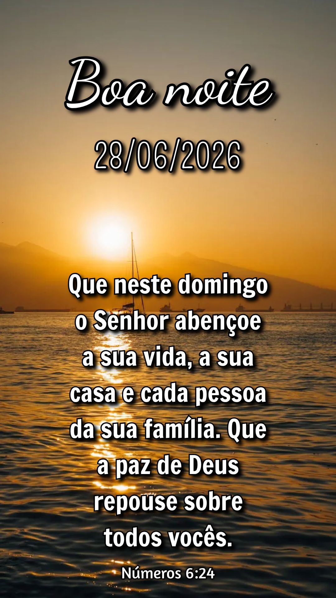 Que neste domingo o Senhor abençoe a sua vida, a sua casa e cada pessoa da sua família. Que a paz de Deus repouse sobre todos vocês. Números 6:24