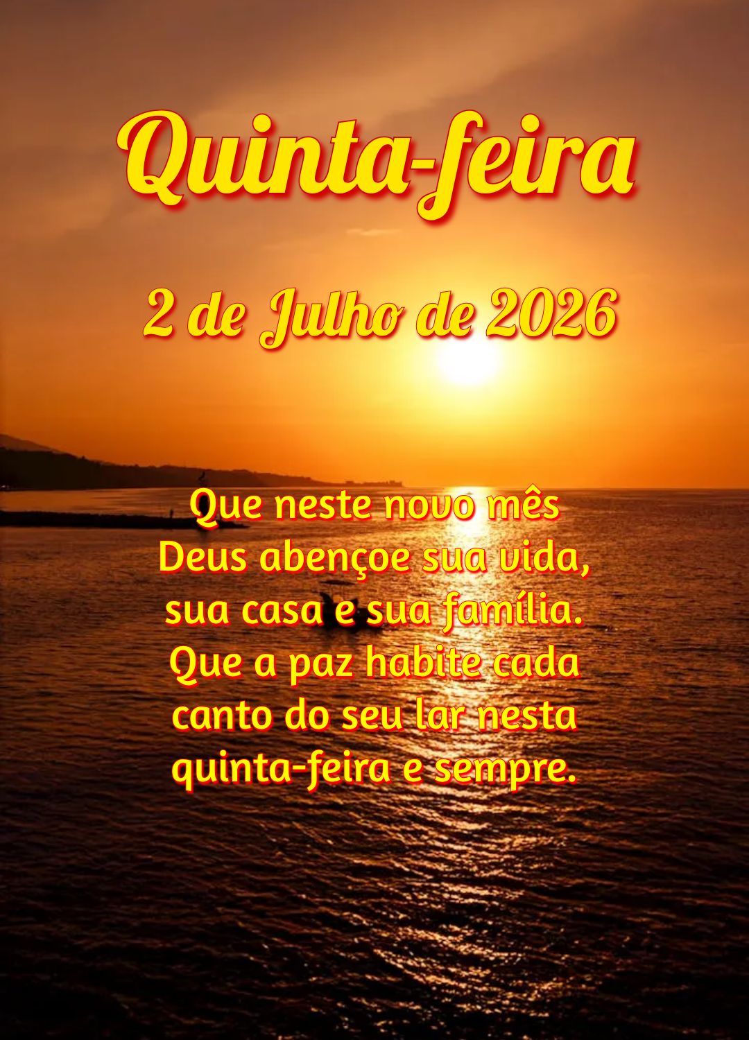 Que neste novo mês Deus abençoe sua vida, sua casa e sua família. Que a paz habite cada canto do seu lar nesta quinta-feira e sempre.
