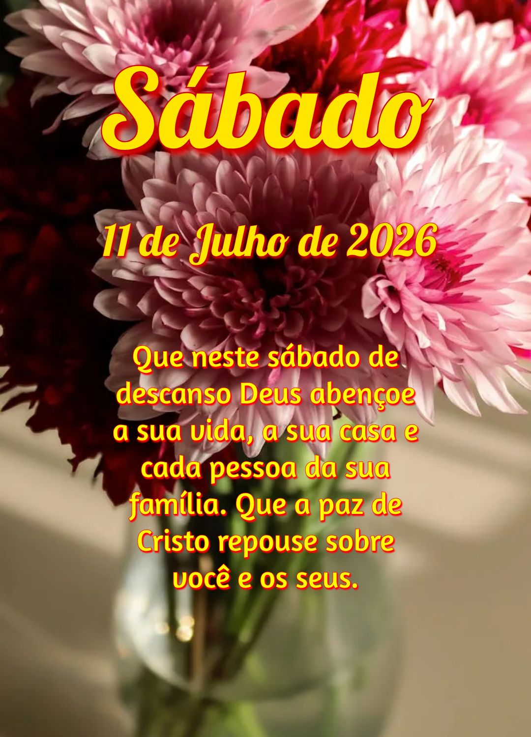 Que neste sábado de descanso Deus abençoe a sua vida, a sua casa e cada pessoa da sua família. Que a paz de Cristo repouse sobre você e os seus.