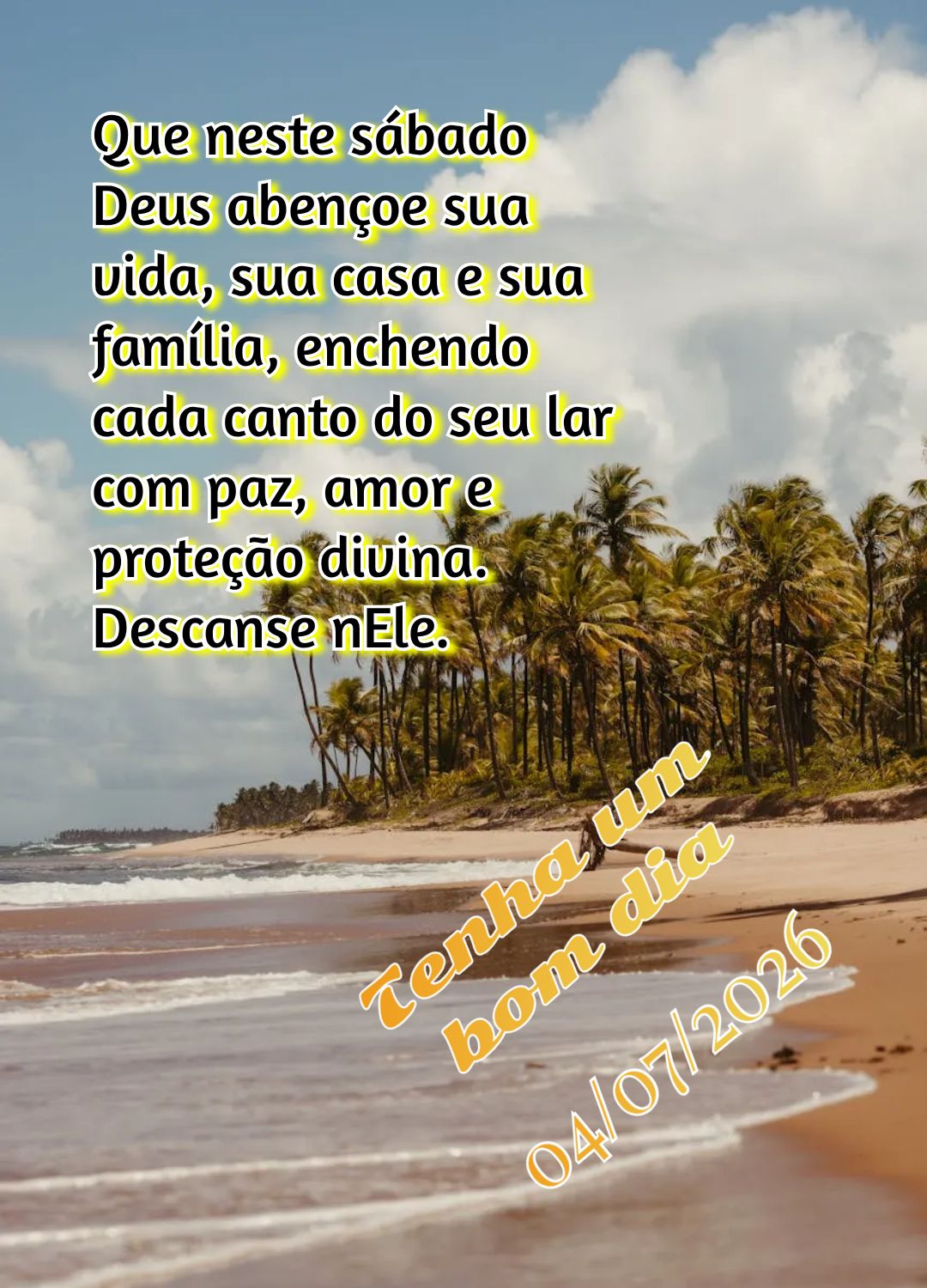 Que neste sábado Deus abençoe sua vida, sua casa e sua família, enchendo cada canto do seu lar com paz, amor e proteção divina. Descanse nEle. Tenha...