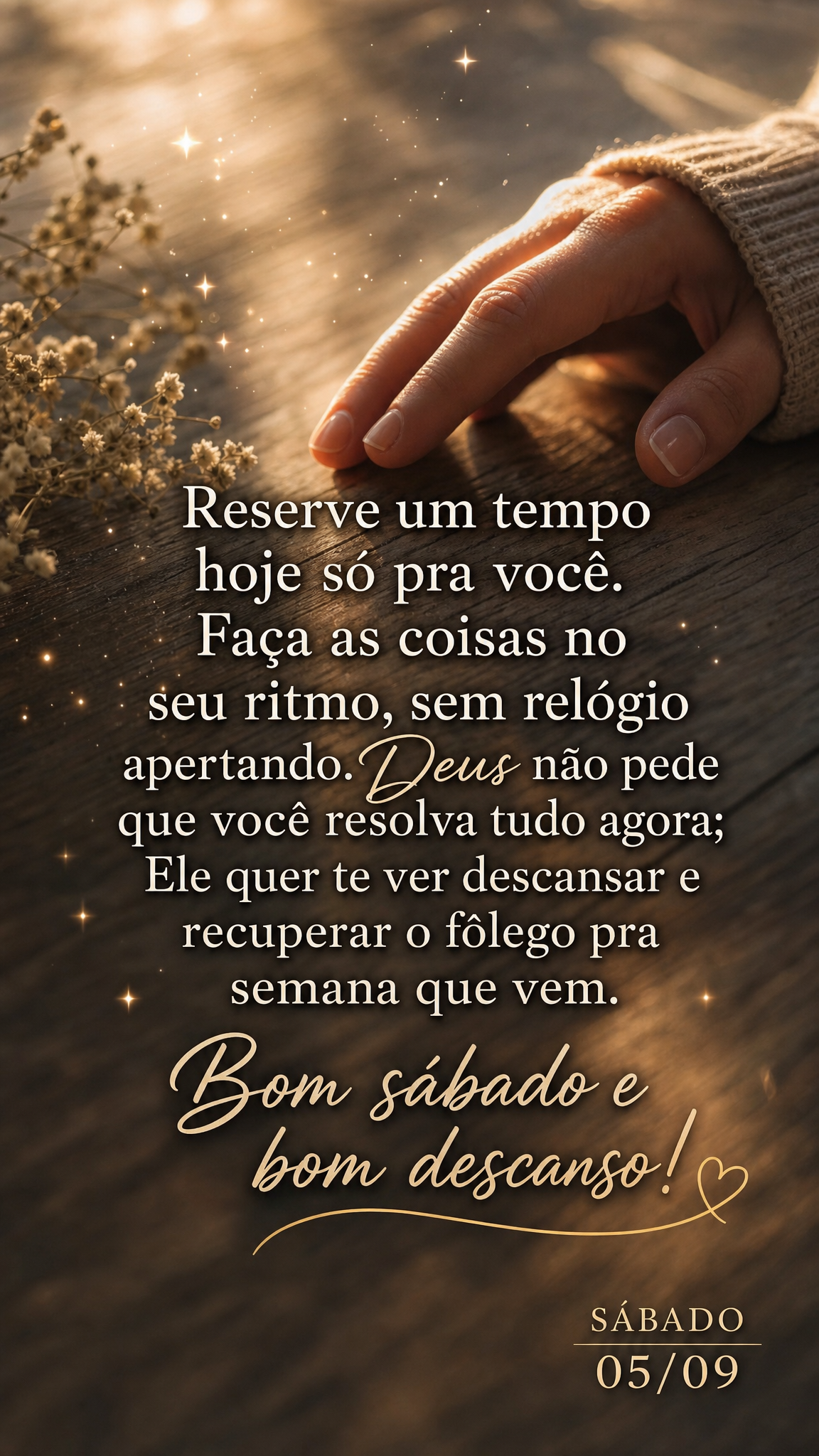 Reserve um tempo hoje só pra você. Faça as coisas no seu ritmo, sem relógio apertando. Deus não pede que você resolva tudo agora; Ele quer te ver d...