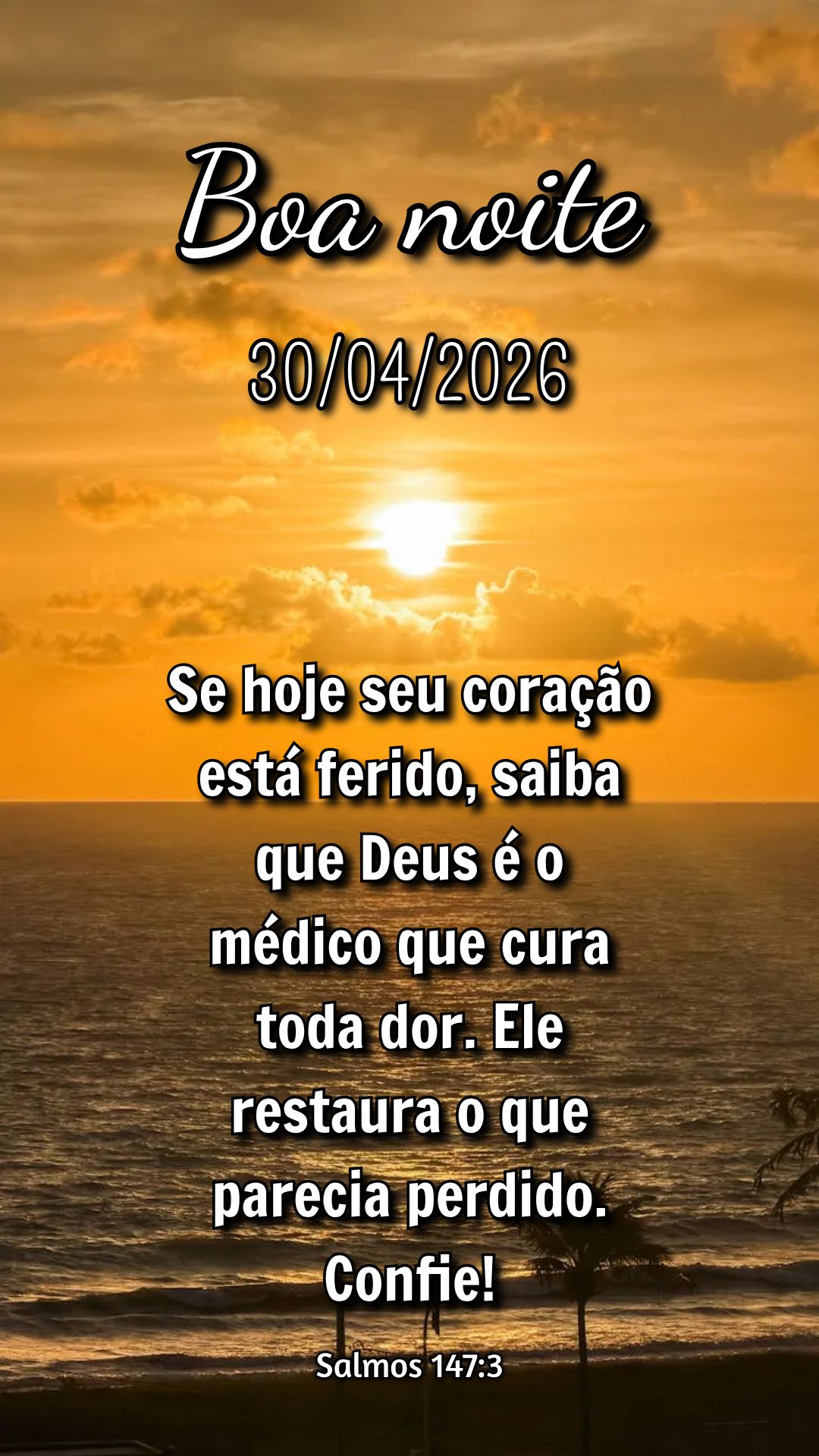 Se hoje seu coração está ferido, saiba que Deus é o médico que cura toda dor. Ele restaura o que parecia perdido. Confie! Salmos 147:3