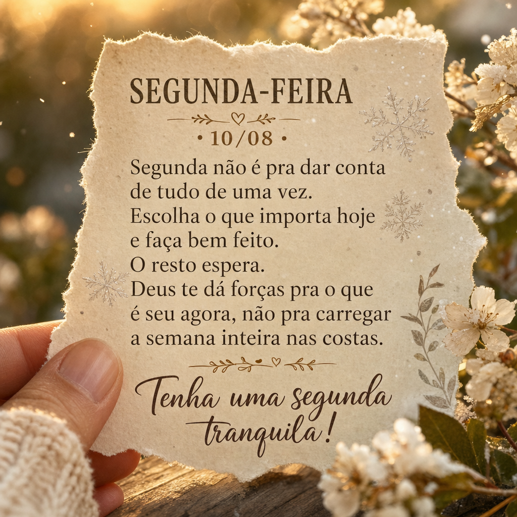 Segunda não é pra dar conta de tudo de uma vez. Escolha o que importa hoje e faça bem feito. O resto espera. Deus te dá forças pra o que é seu agor...