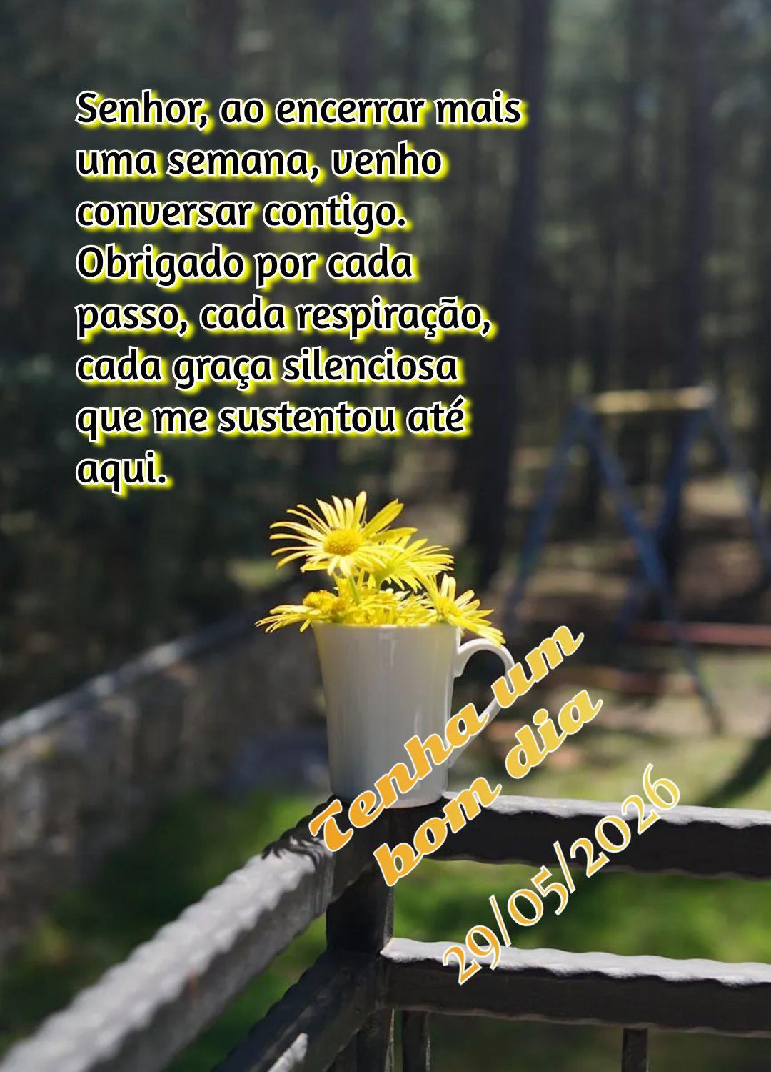 Senhor, ao encerrar mais uma semana, venho conversar contigo. Obrigado por cada passo, cada respiração, cada graça silenciosa que me sustentou até aq...