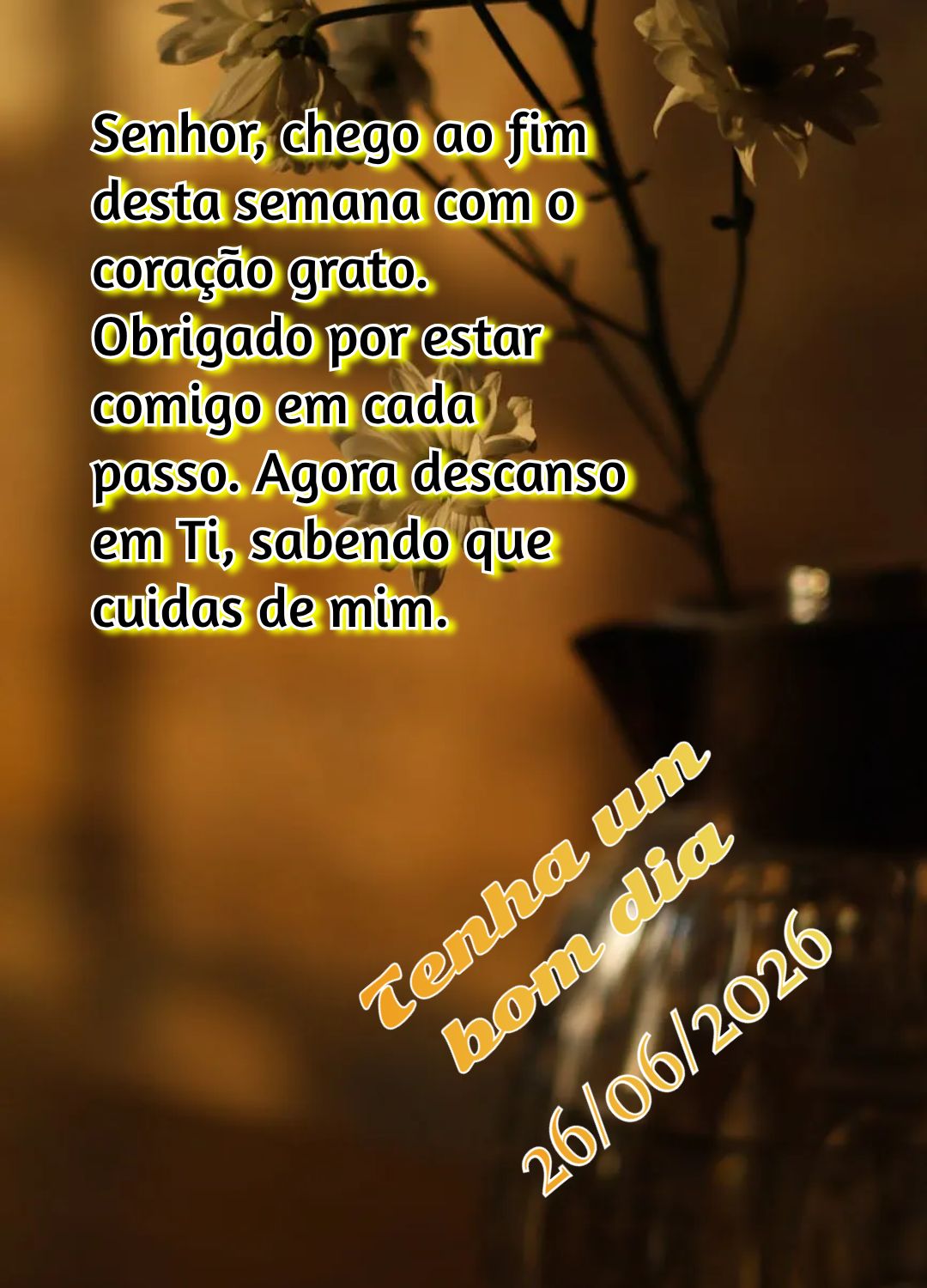 Senhor, chego ao fim desta semana com o coração grato. Obrigado por estar comigo em cada passo. Agora descanso em Ti, sabendo que cuidas de mim. Tenha ...