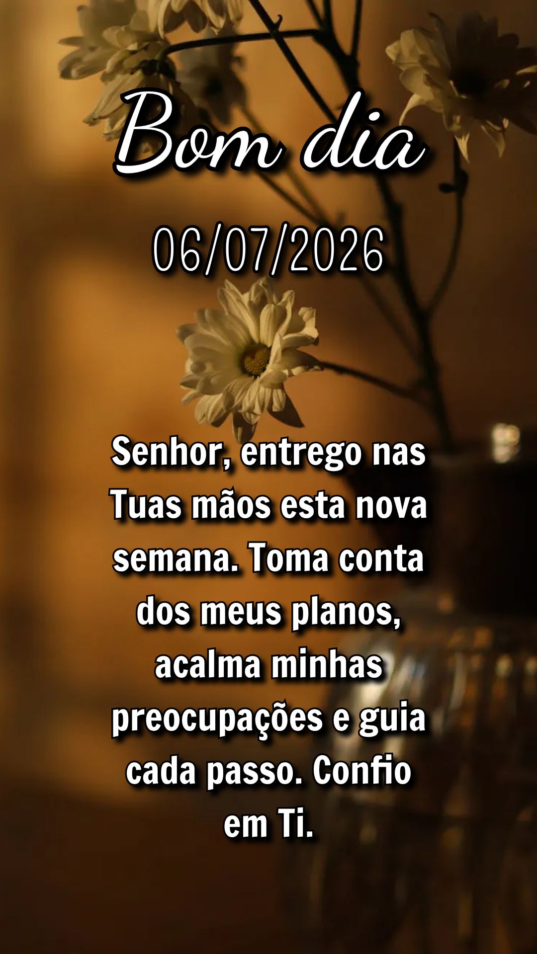 Senhor, entrego nas Tuas mãos esta nova semana. Toma conta dos meus planos, acalma minhas preocupações e guia cada passo. Confio em Ti.
