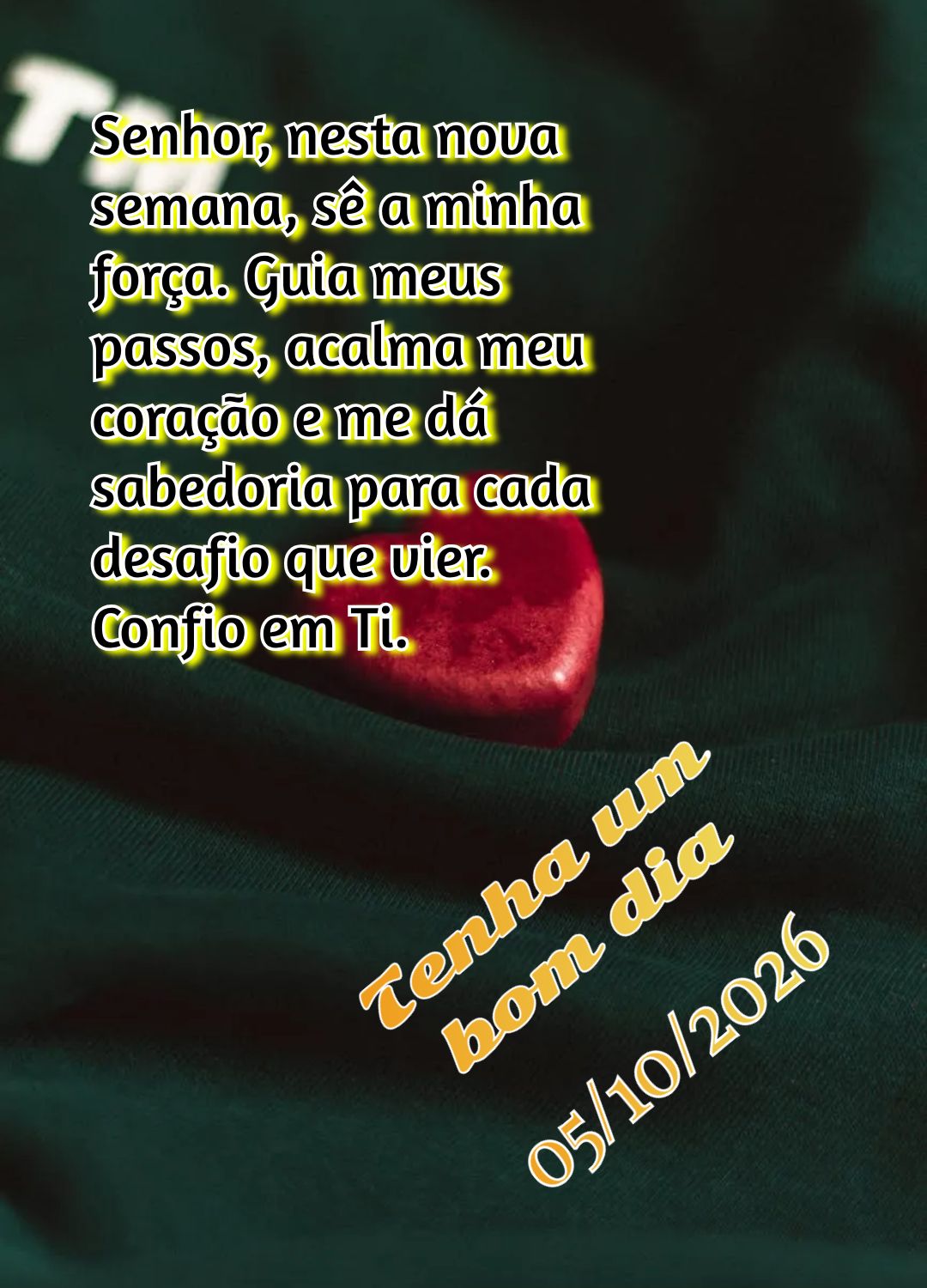 Senhor, nesta nova semana, sê a minha força. Guia meus passos, acalma meu coração e me dá sabedoria para cada desafio que vier. Confio em Ti. Tenha ...