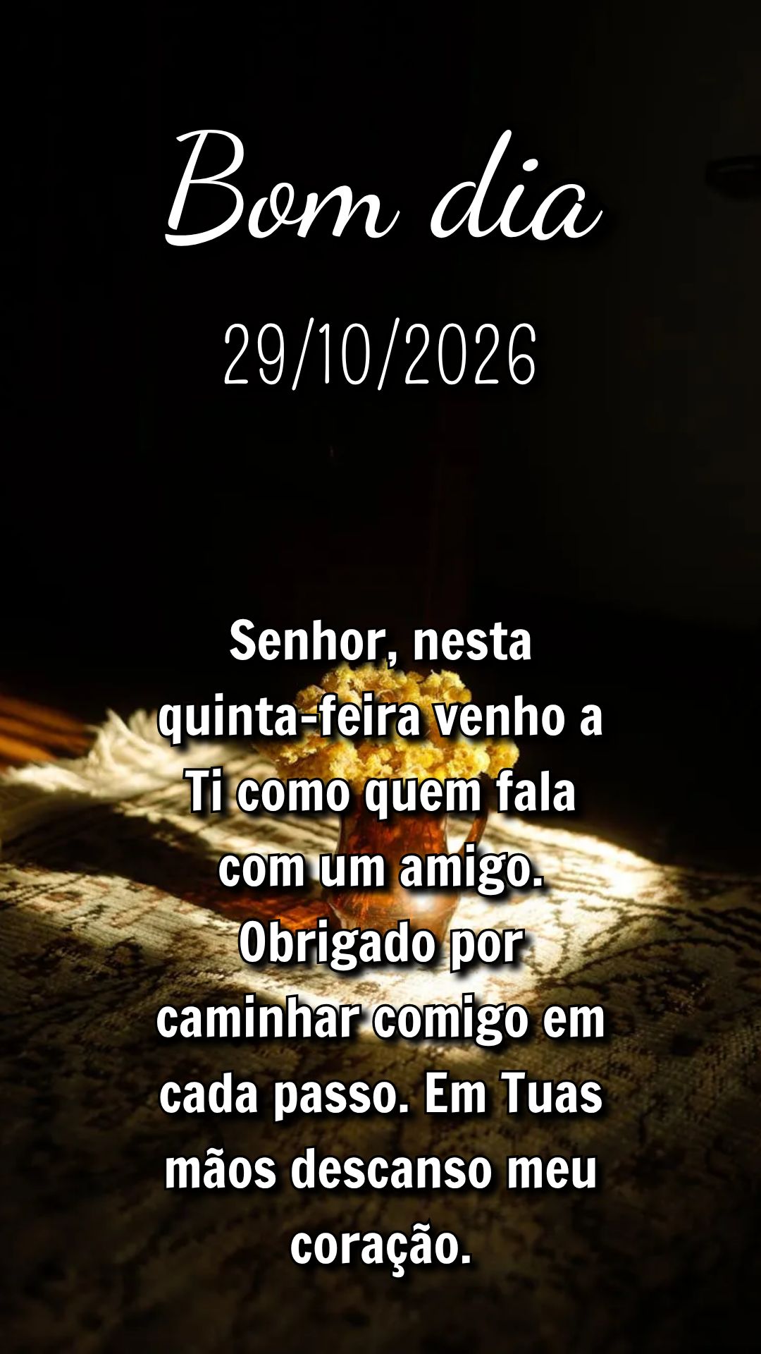 Senhor, nesta quinta-feira venho a Ti como quem fala com um amigo. Obrigado por caminhar comigo em cada passo. Em Tuas mãos descanso meu coração.