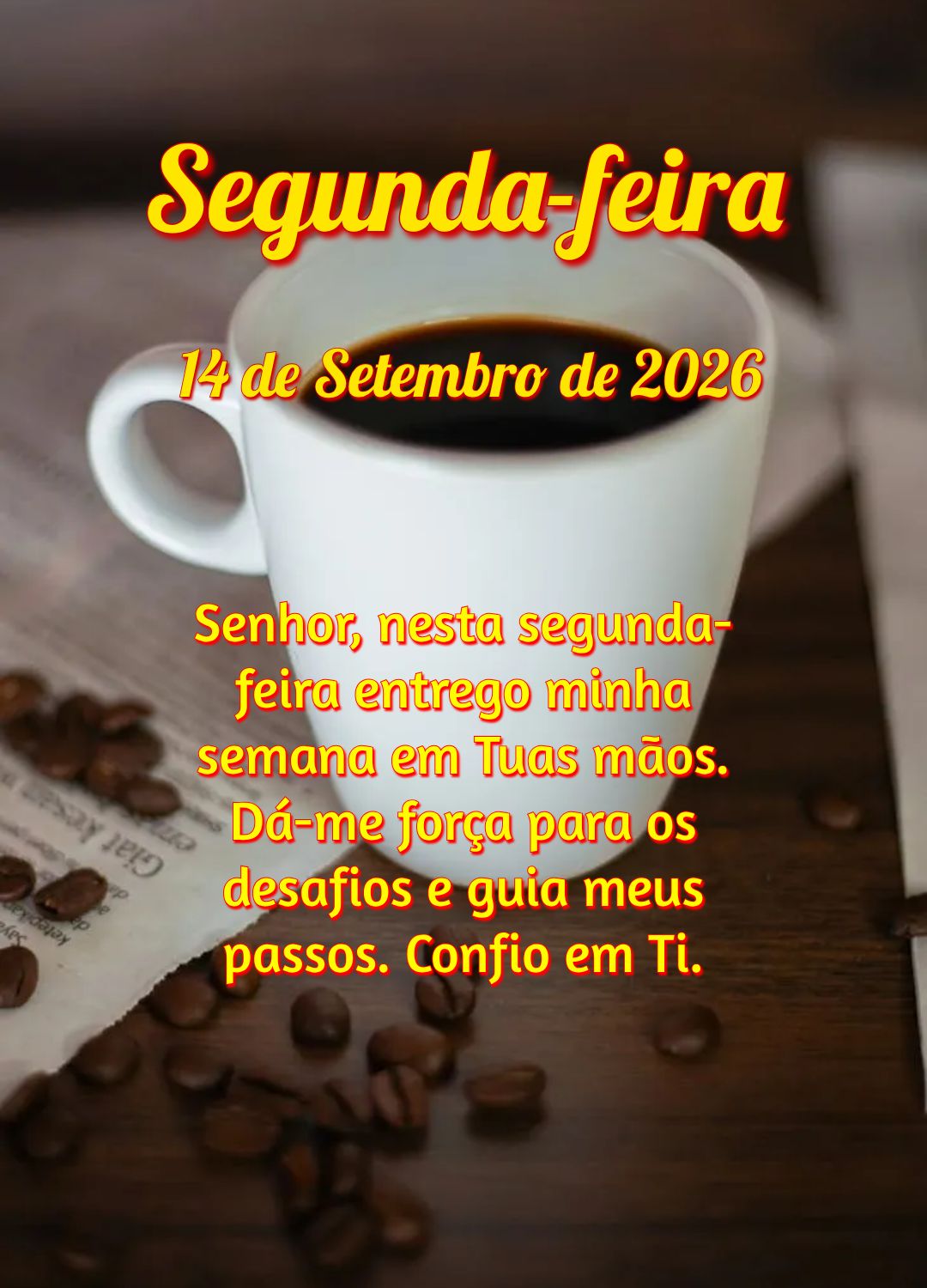 Senhor, nesta segunda-feira entrego minha semana em Tuas mãos. Dá-me força para os desafios e guia meus passos. Confio em Ti.