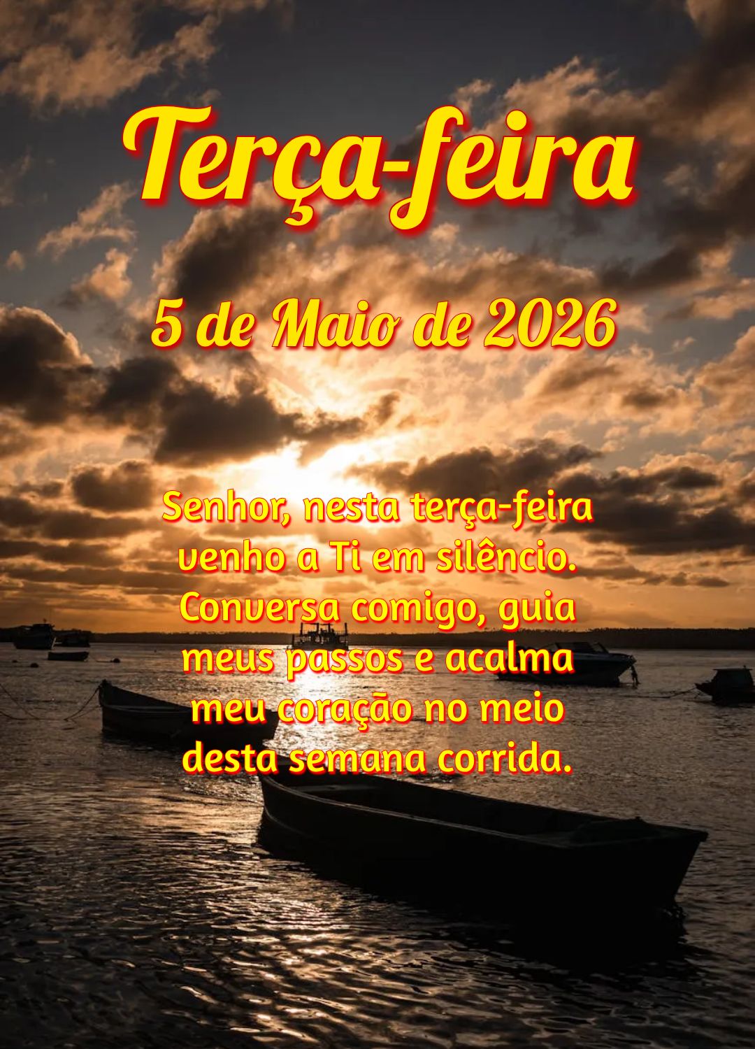 Senhor, nesta terça-feira venho a Ti em silêncio. Conversa comigo, guia meus passos e acalma meu coração no meio desta semana corrida.