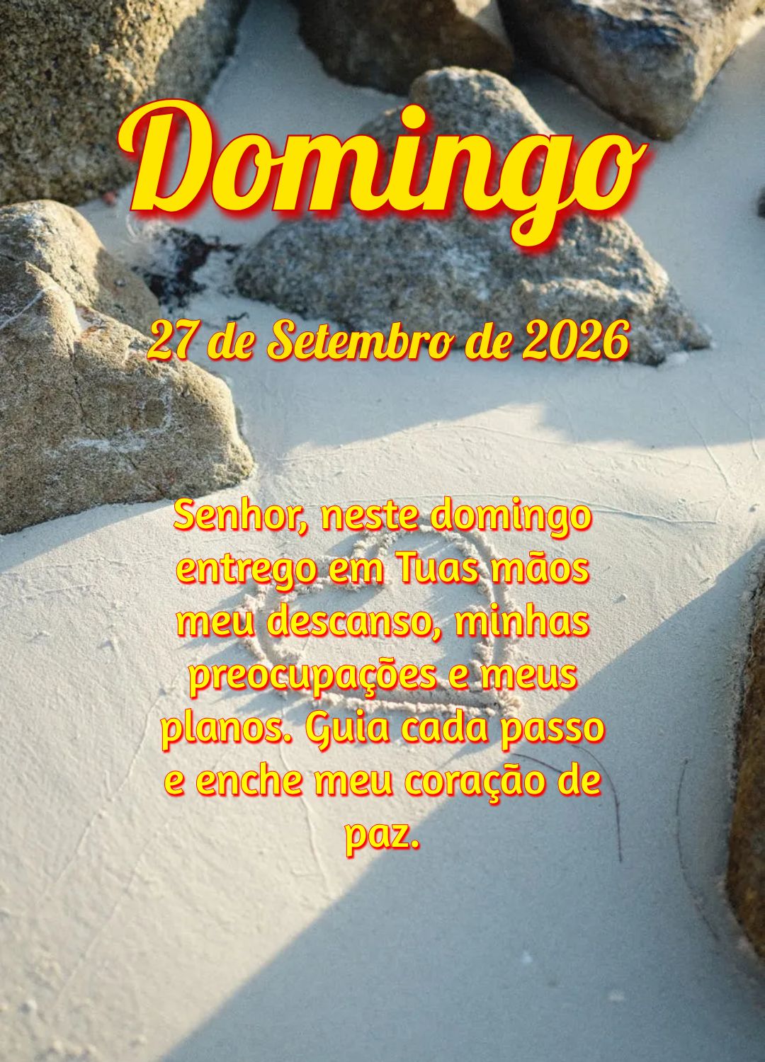 Senhor, neste domingo entrego em Tuas mãos meu descanso, minhas preocupações e meus planos. Guia cada passo e enche meu coração de paz.