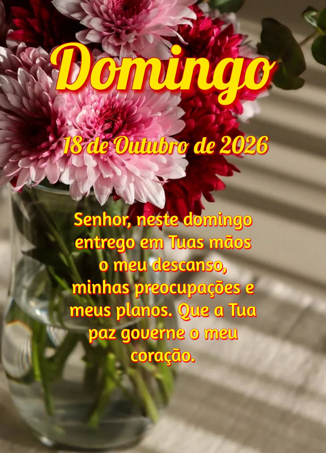 Senhor, neste domingo entrego em Tuas mãos o meu descanso, minhas preocupações e meus planos. Que a Tua paz governe o meu coração.