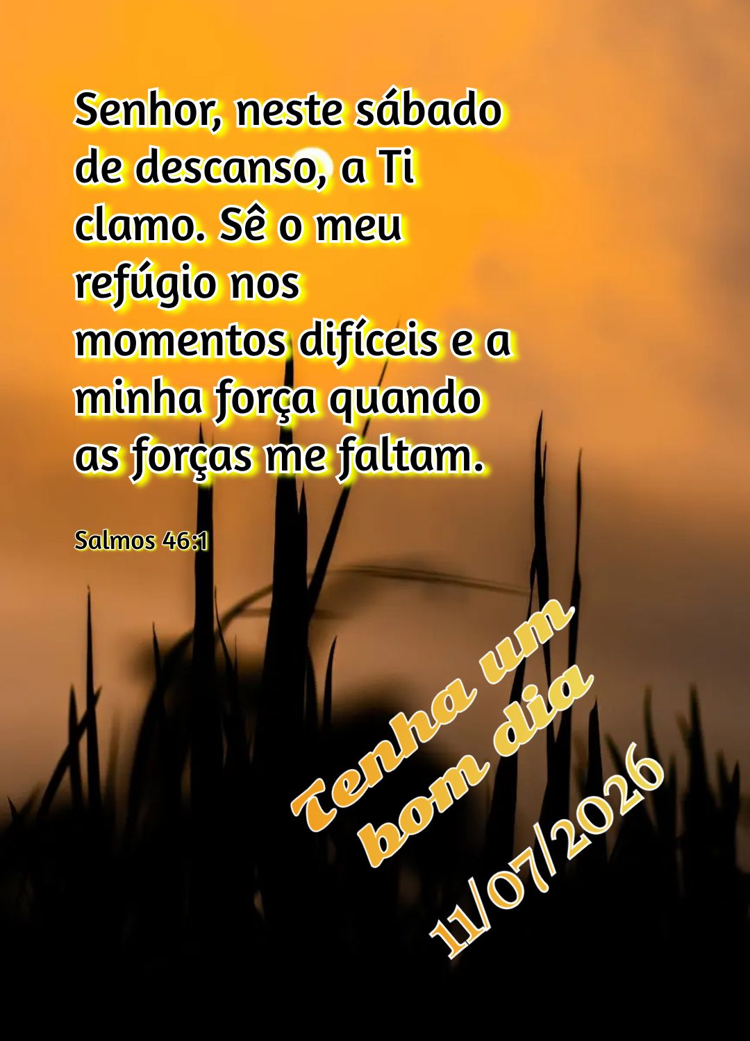 Senhor, neste sábado de descanso, a Ti clamo. Sê o meu refúgio nos momentos difíceis e a minha força quando as forças me faltam. Tenha um bom dia S...