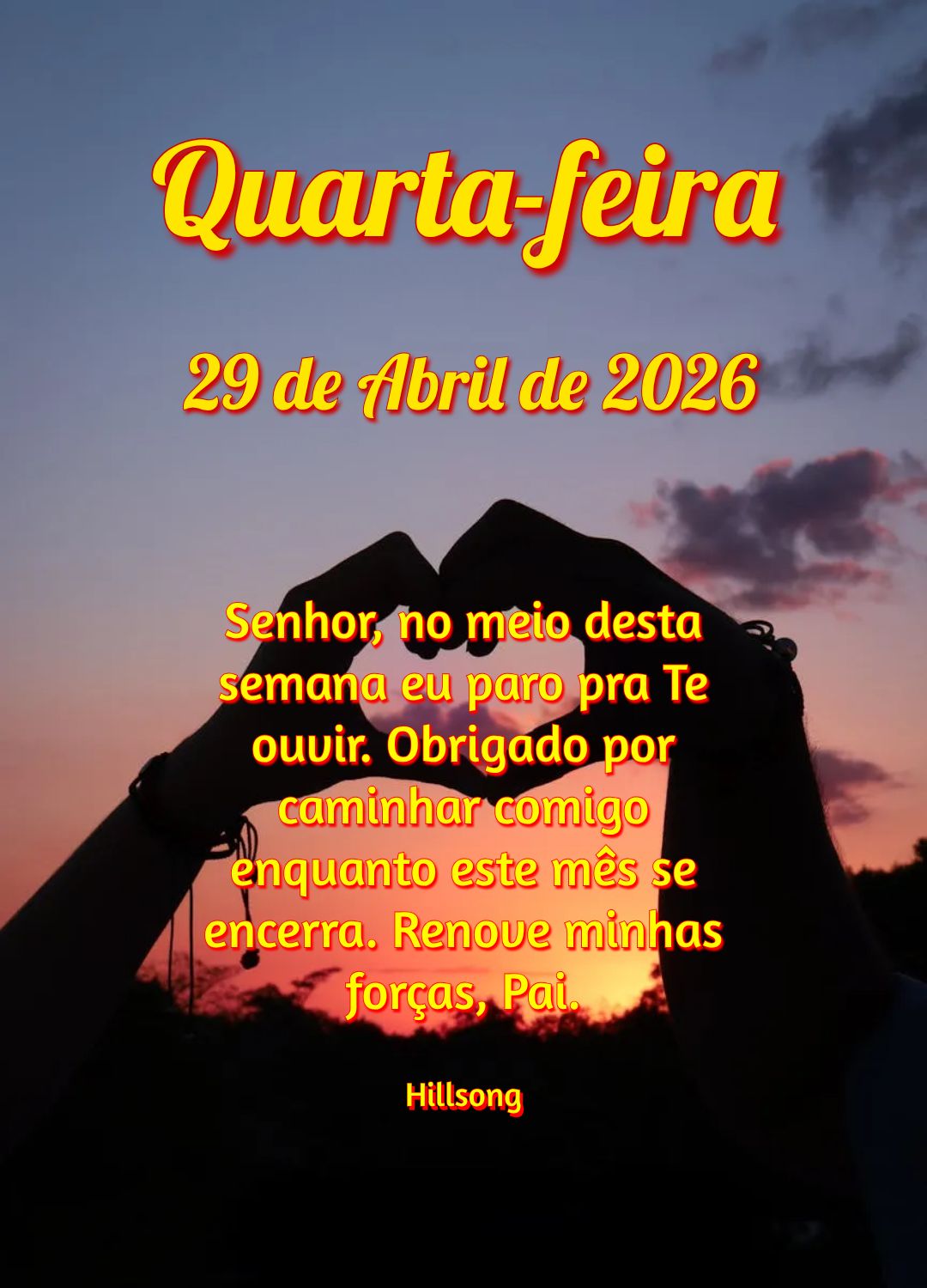 Senhor, no meio desta semana eu paro pra Te ouvir. Obrigado por caminhar comigo enquanto este mês se encerra. Renove minhas forças, Pai. Hillsong