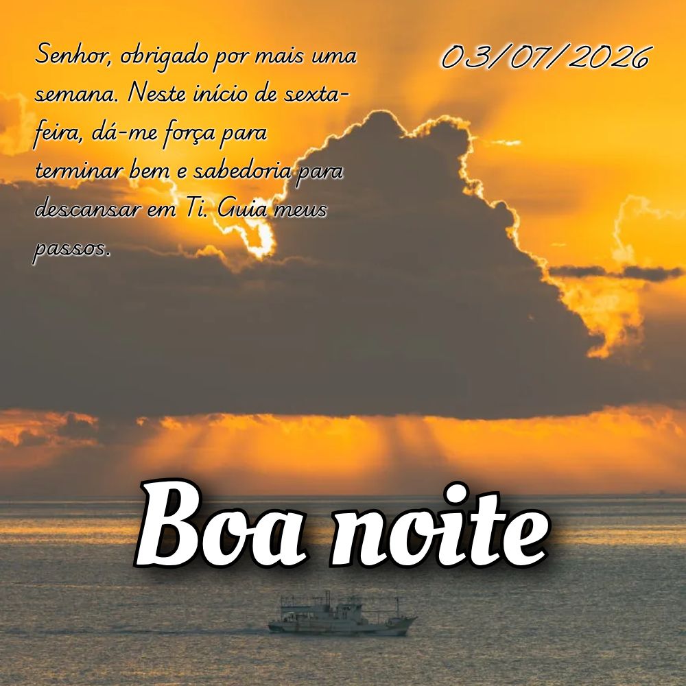 Senhor, obrigado por mais uma semana. Neste início de sexta-feira, dá-me força para terminar bem e sabedoria para descansar em Ti. Guia meus passos....
