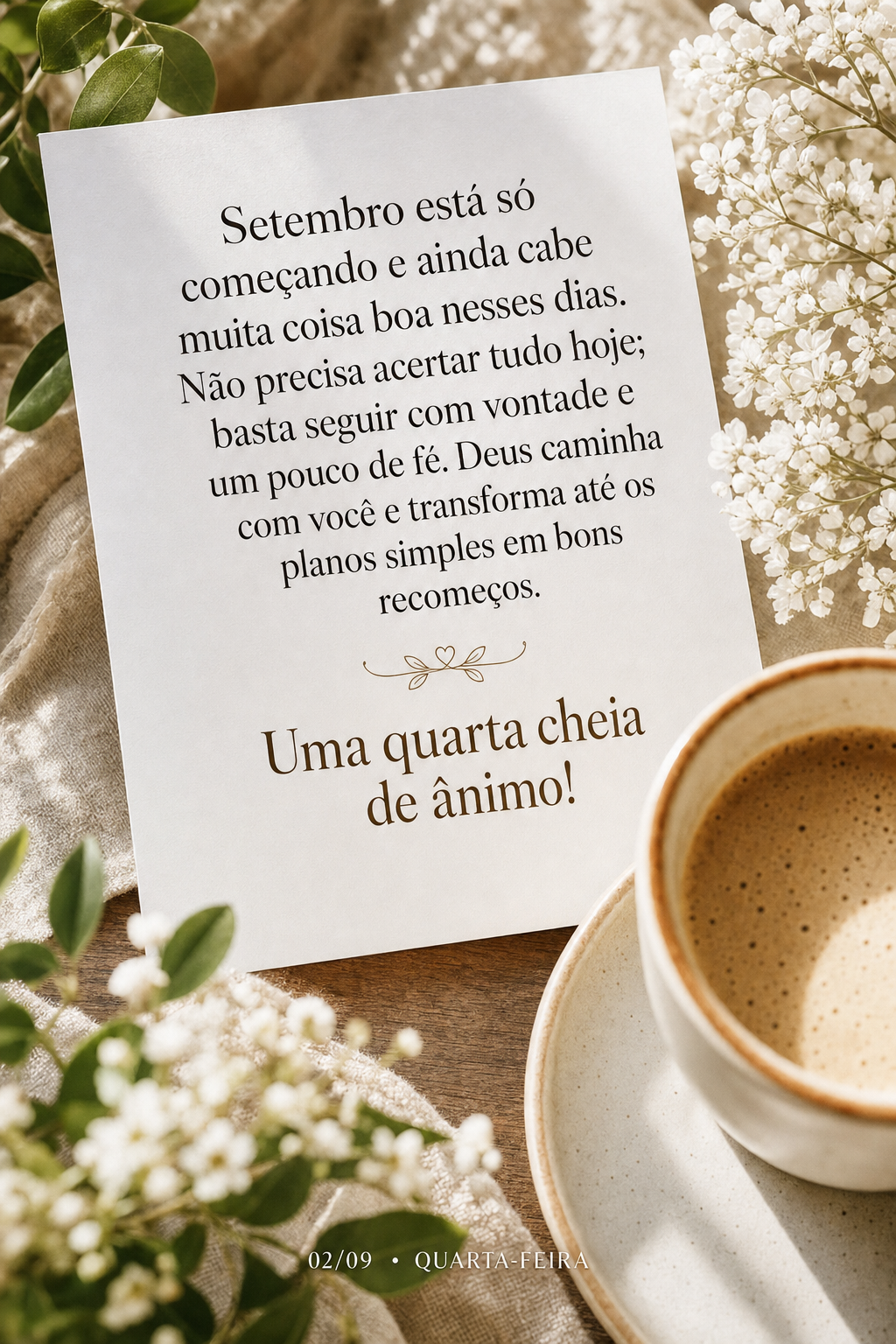 Setembro está só começando e ainda cabe muita coisa boa nesses dias. Não precisa acertar tudo hoje; basta seguir com vontade e um pouco de fé. Deus ...