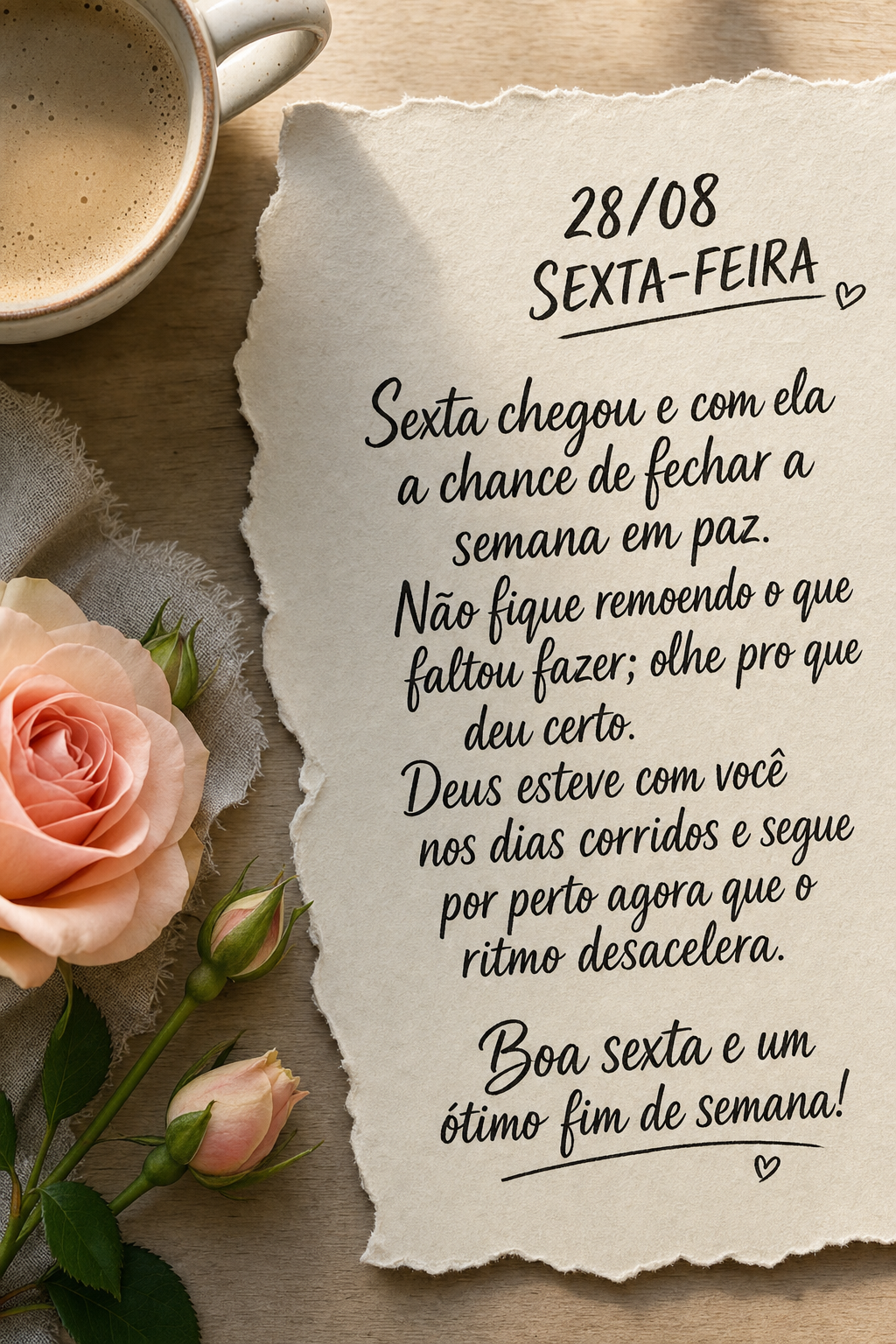 Sexta chegou e com ela a chance de fechar a semana em paz. Não fique remoendo o que faltou fazer; olhe pro que deu certo. Deus esteve com você nos dias...