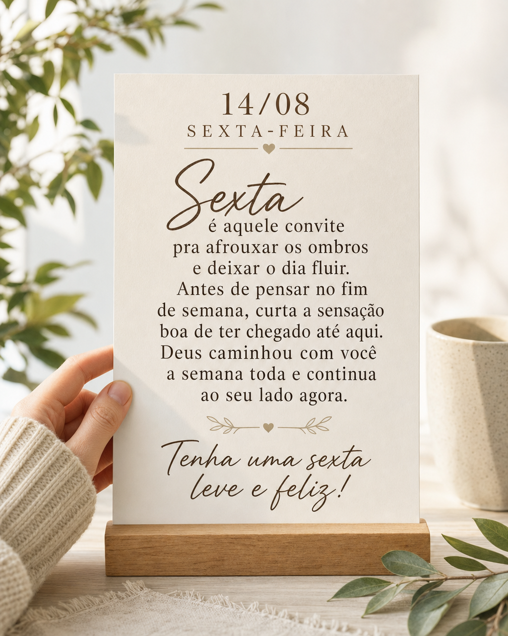 Sexta é aquele convite pra afrouxar os ombros e deixar o dia fluir. Antes de pensar no fim de semana, curta a sensação boa de ter chegado até aqui. D...
