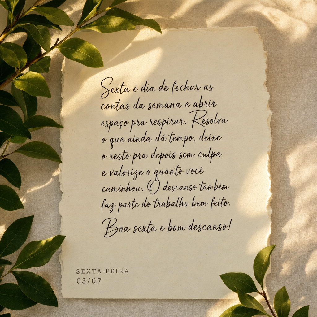 Sexta é dia de fechar as contas da semana e abrir espaço pra respirar. Resolva o que ainda dá tempo, deixe o resto pra depois sem culpa e valorize o q...