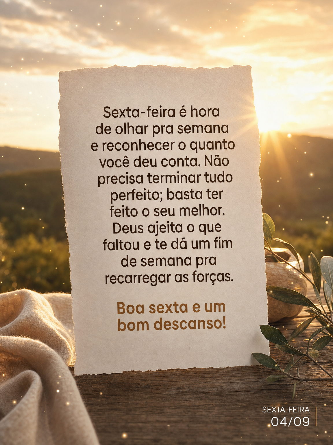 Sexta-feira é hora de olhar pra semana e reconhecer o quanto você deu conta. Não precisa terminar tudo perfeito; basta ter feito o seu melhor. Deus aj...